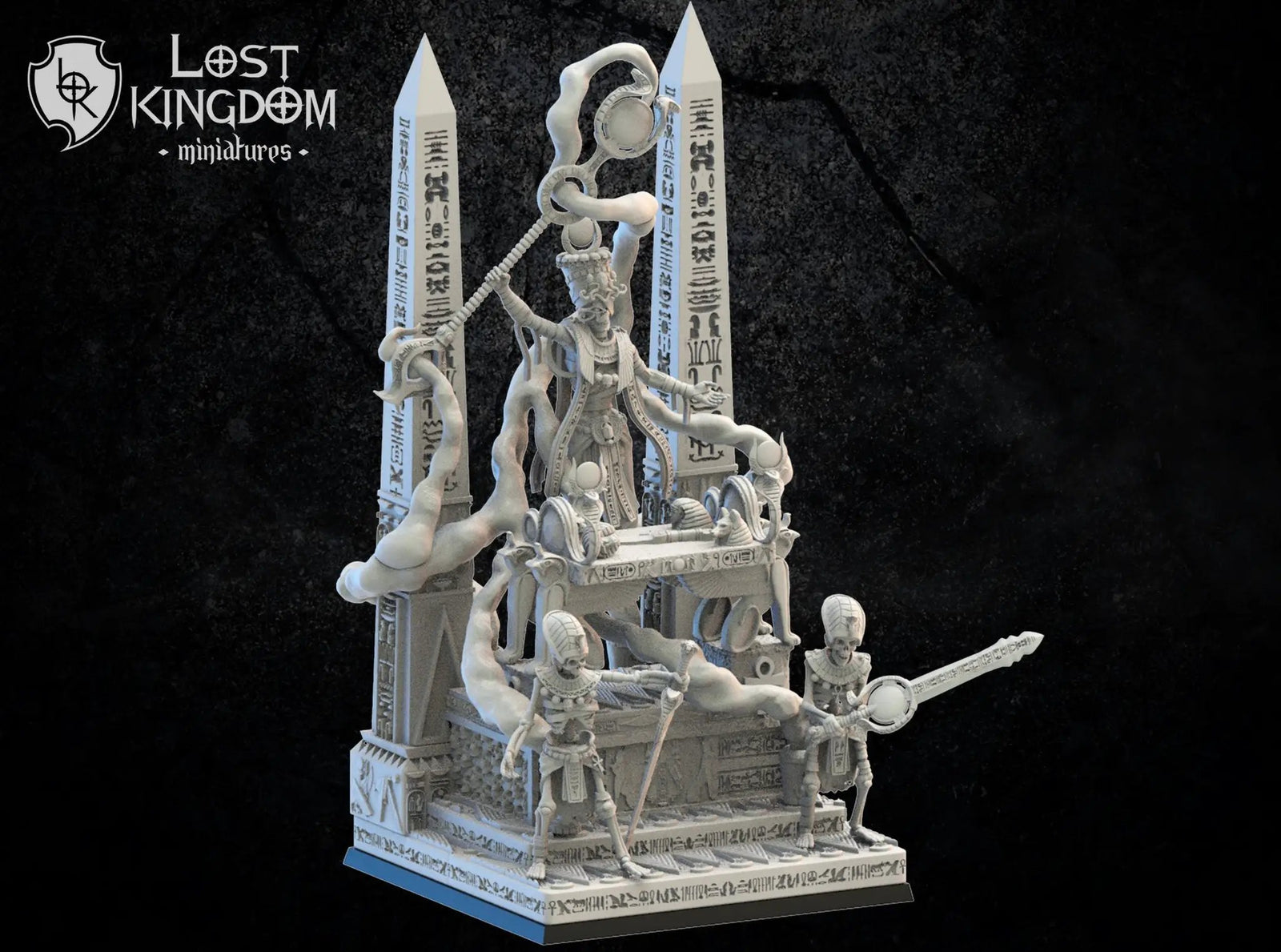 3D printed Amenophis figure on canopic altar model by Lost Kingdom Miniatures, detailed Last Hope Miniatures collectible artwork