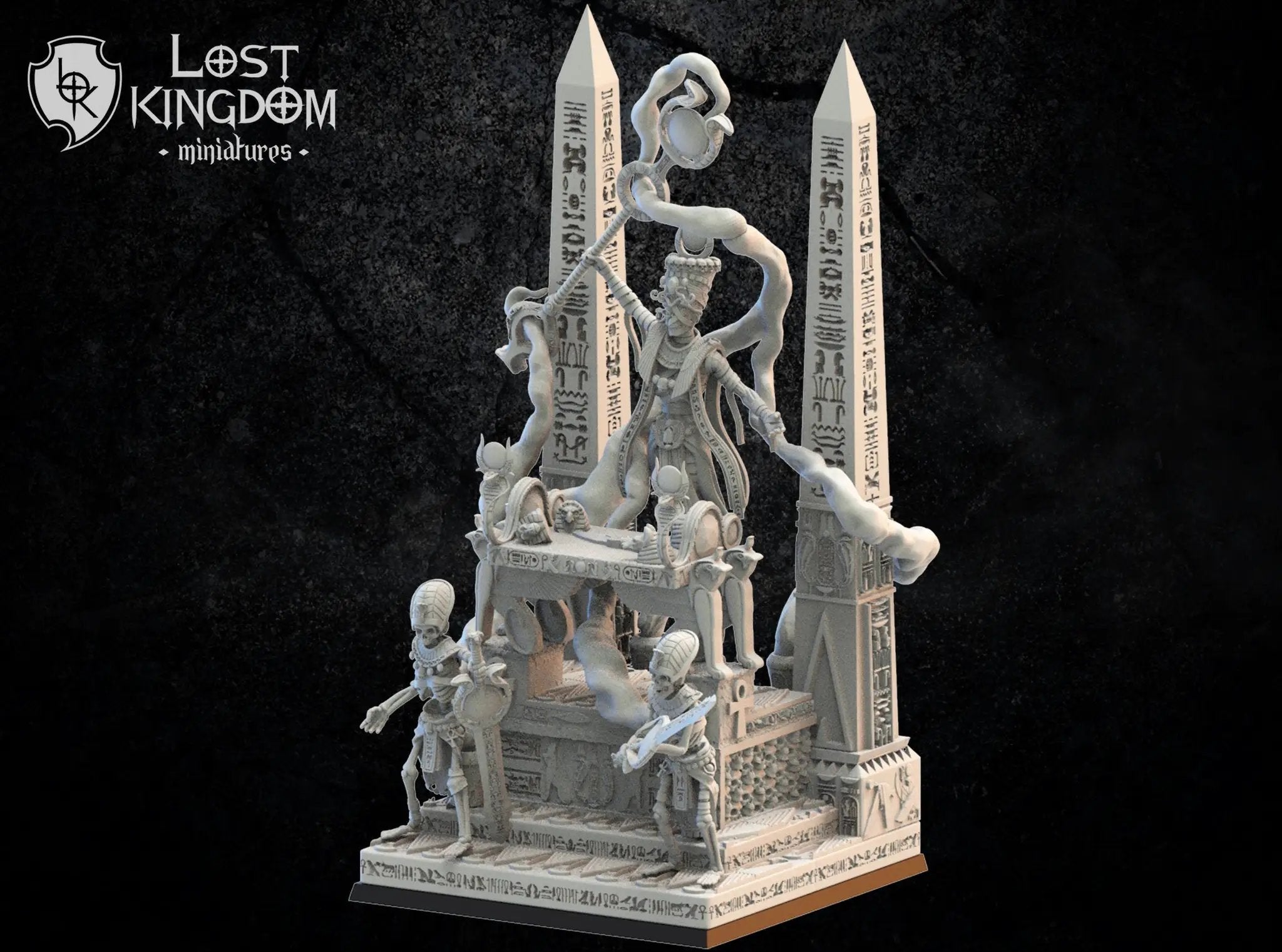 3D printed Amenophis model on canopic altar by Lost Kingdom Miniatures, detailed miniature sculpture for collectors.