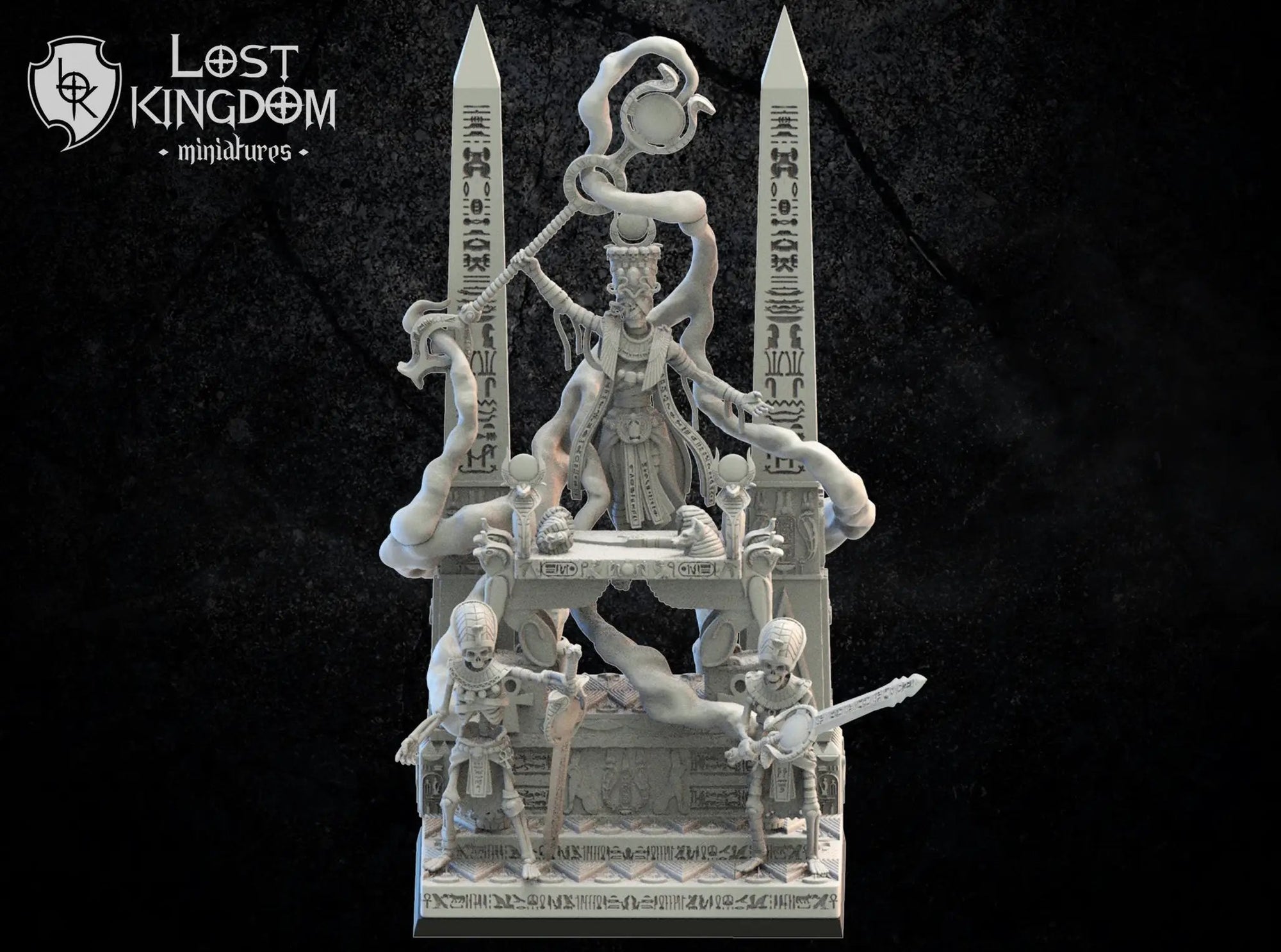 3D printed Amenophis model on canopic altar by Lost Kingdom Miniatures, detailed miniature sculpture for tabletop gaming or display.