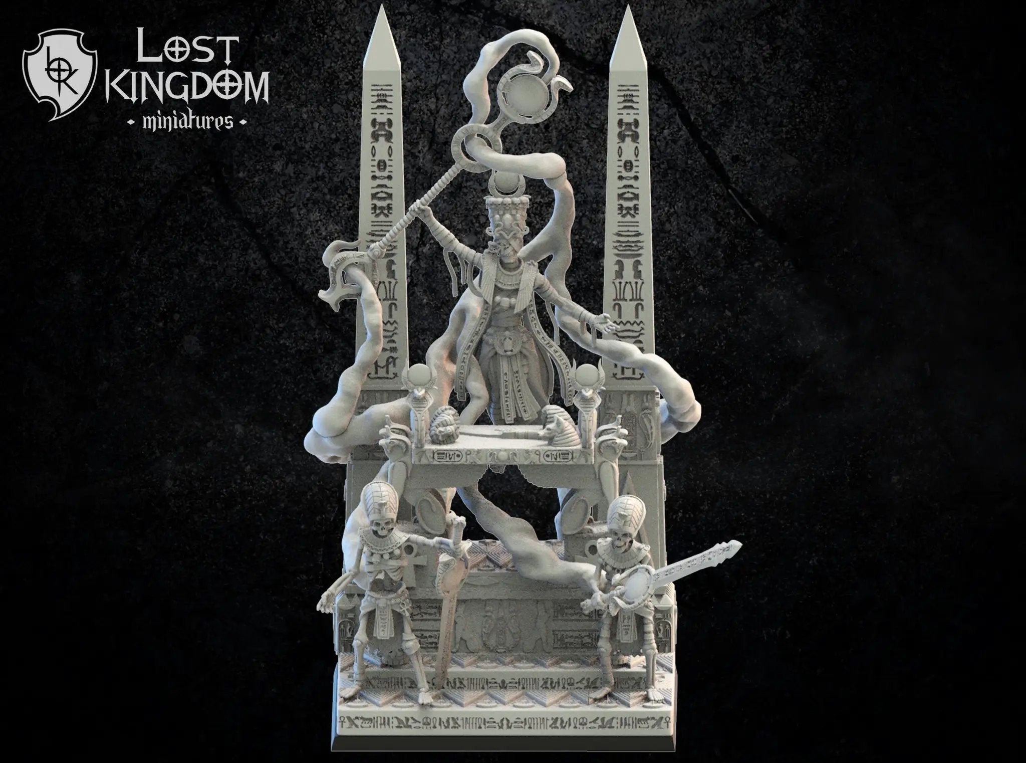 3D printed Amenophis model on canopic altar by Lost Kingdom Miniatures, detailed miniature sculpture for tabletop gaming or display.
