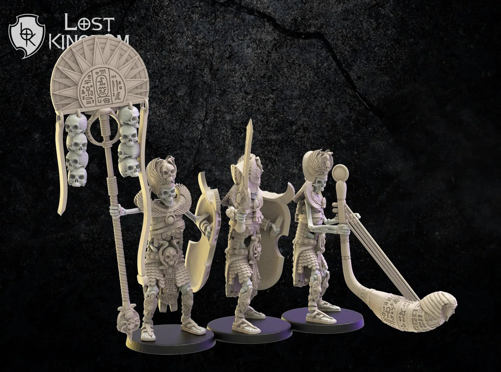 3D printed Amun-Re Command Group miniature by Lost Kingdom Miniatures, detailed model for tabletop gaming and collection.
