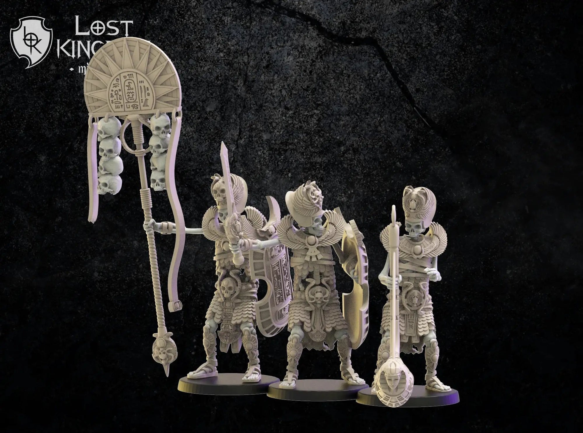 3D printed Amun-Re Command Group model by Lost Kingdom Miniatures, featuring detailed Egyptian-inspired figures for tabletop gaming.