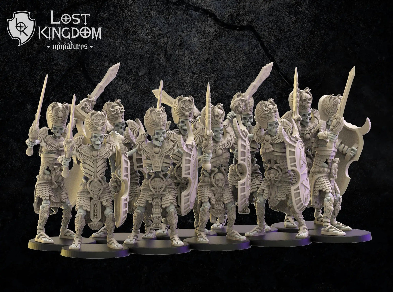 10 3D printed Amun-Re Guard models by Last Hope Miniatures for Lost Kingdom Miniatures, featuring detailed Egyptian-style warrior figures.