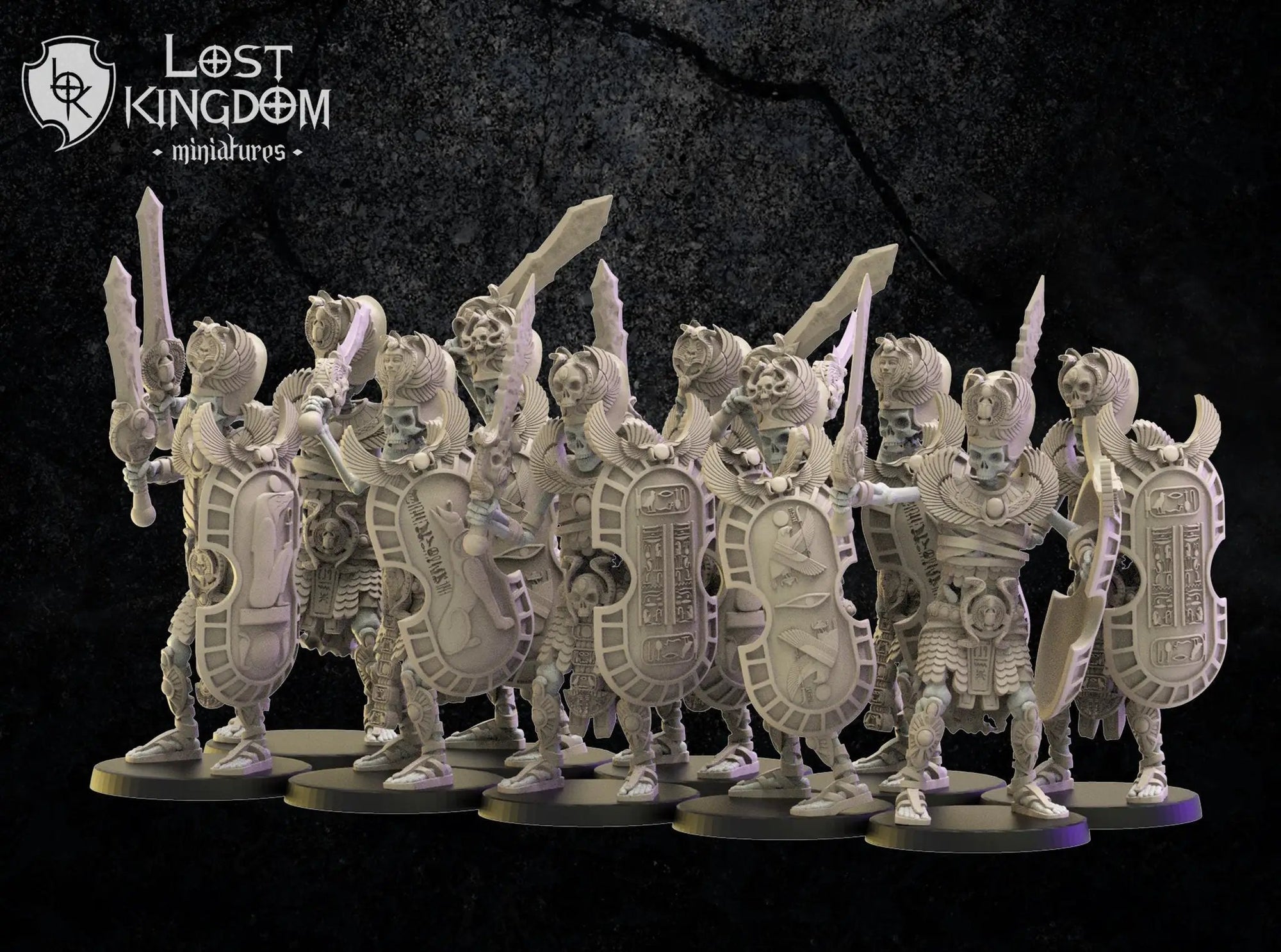 Ten 3D printed Amun-Re Guard models by Lost Kingdom Miniatures, detailed Egyptian-themed figures for tabletop gaming.
