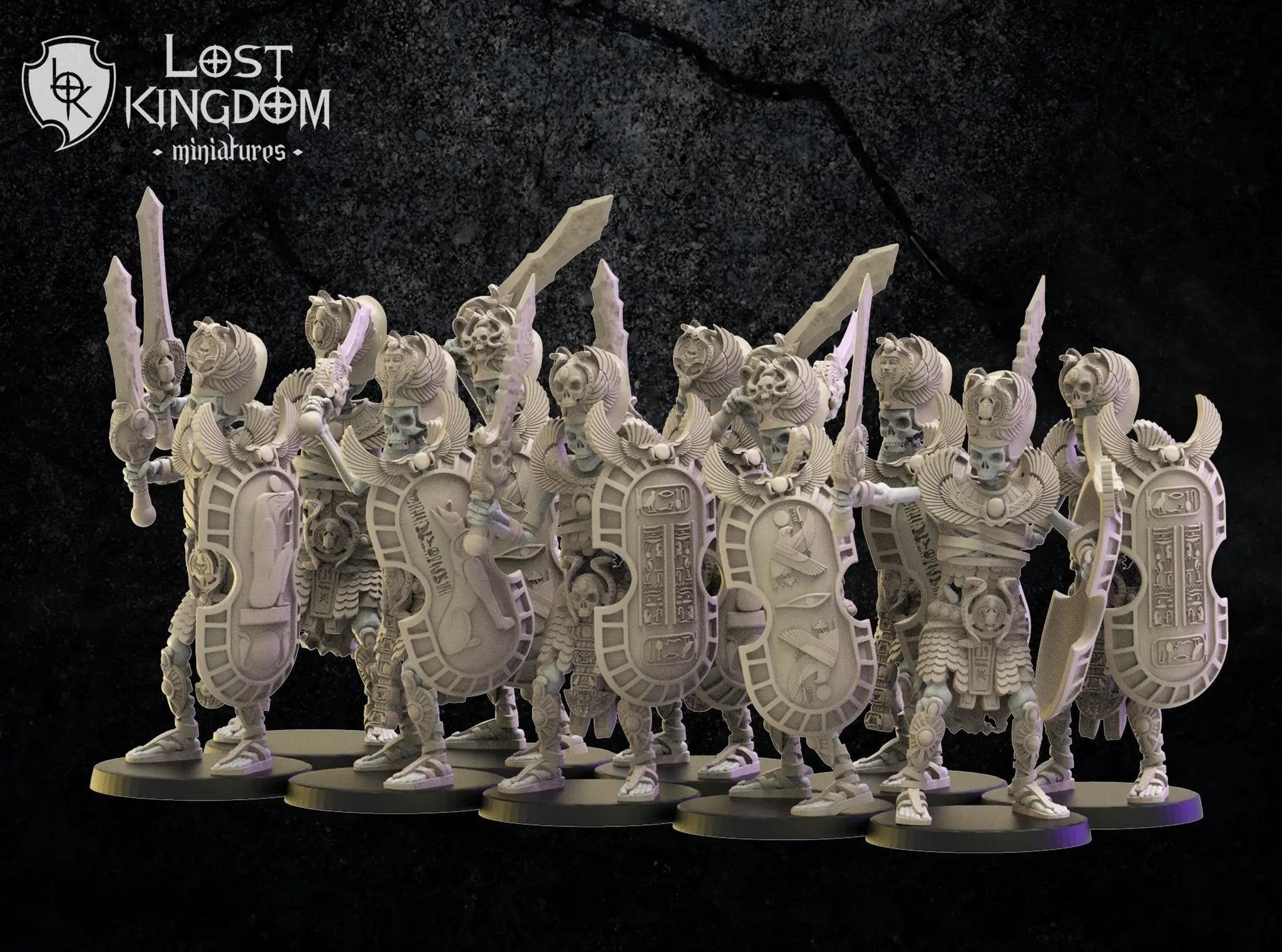 Ten 3D printed Amun-Re Guard models by Lost Kingdom Miniatures, detailed Egyptian-themed figures for tabletop gaming.