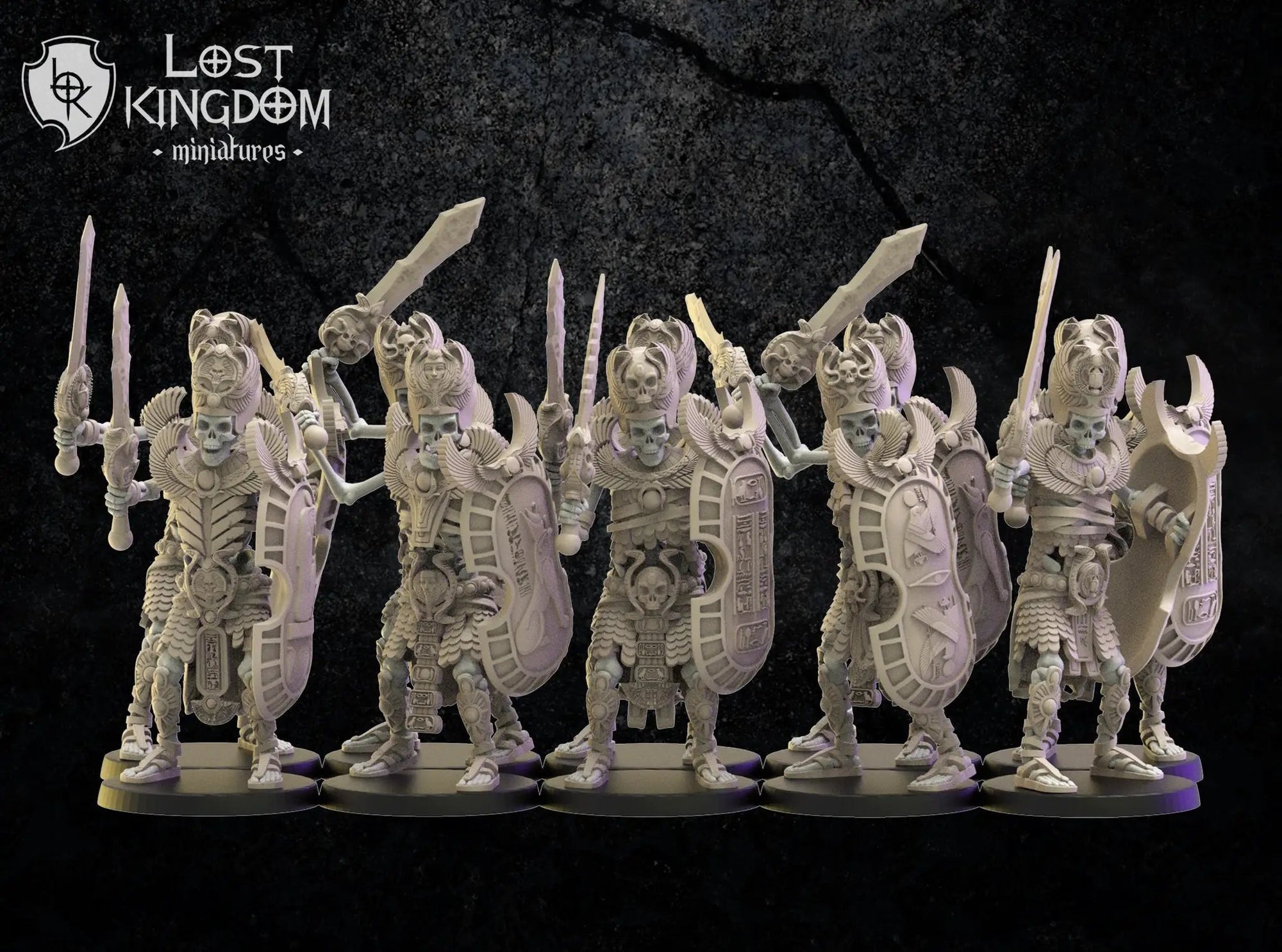 Ten 3D printed Amun-Re Guard models by Lost Kingdom Miniatures, detailed Egyptian-style warrior figures for tabletop gaming.