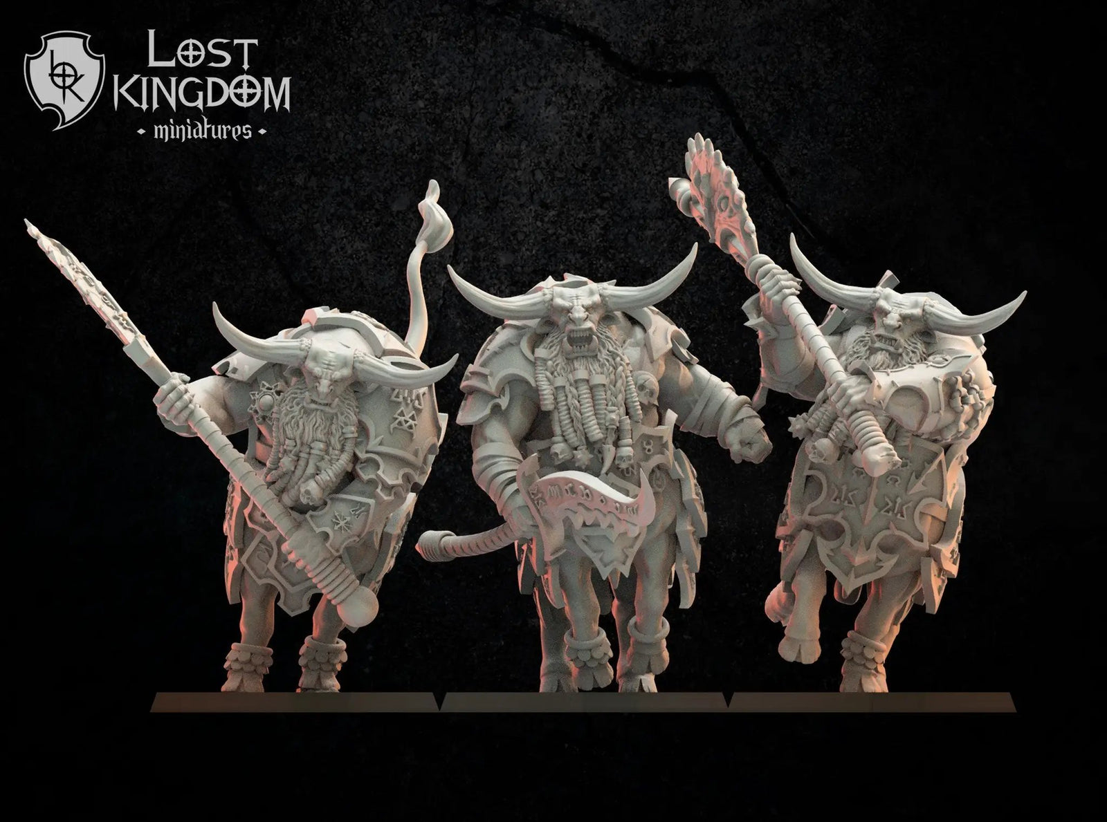 Three 3D printed Anointed Bul-Thaurs models by Lost Kingdom Miniatures, detailed fantasy creature figures on a display base.