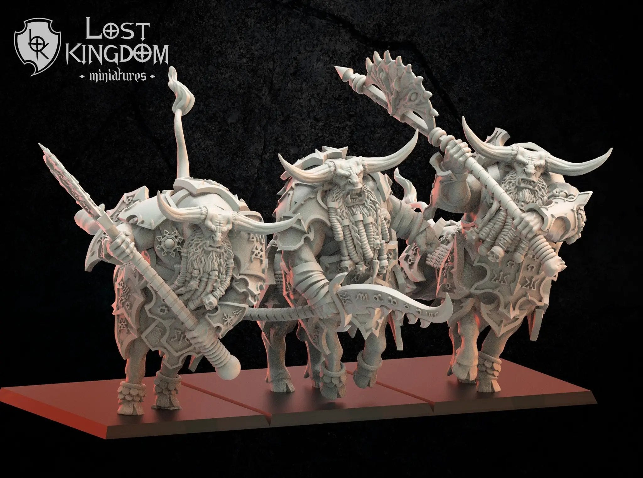 Three 3D-printed Anointed Bul-Thaurs models by Lost Kingdom Miniatures, detailed fantasy creature miniatures for tabletop gaming.