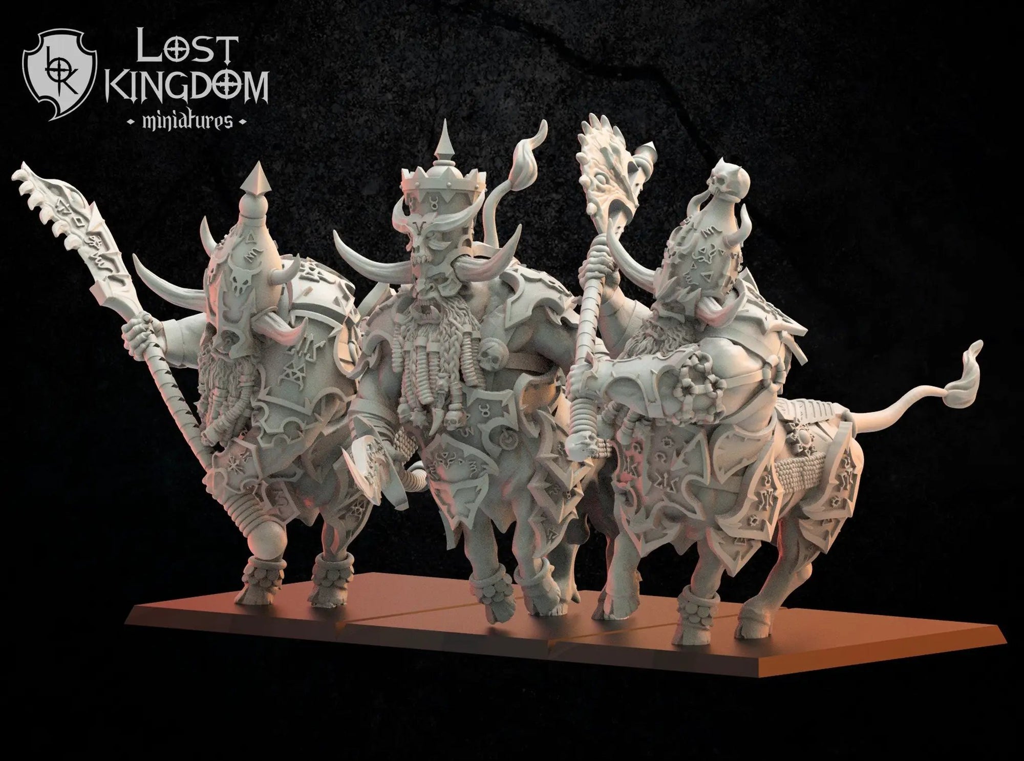 Three 3D printed Anointed Bul-Thaurs models by Lost Kingdom Miniatures, displayed on a flat surface with detailed features.