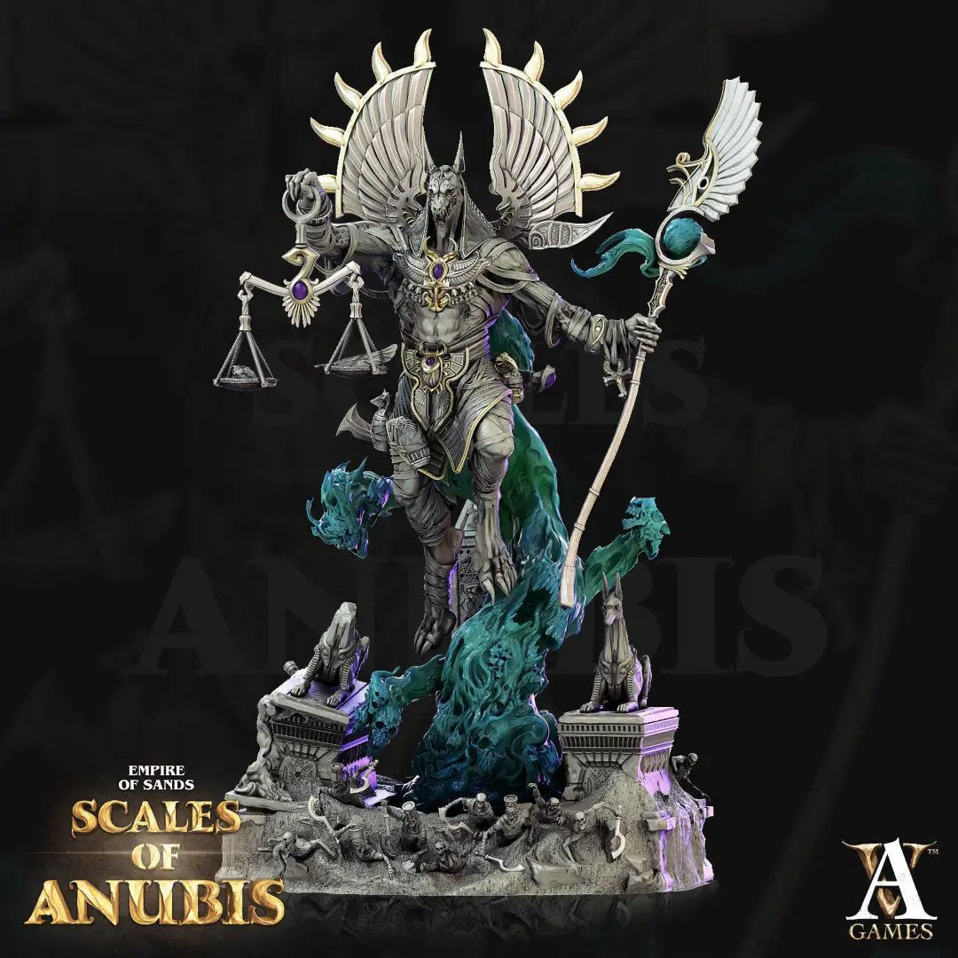 3D printed Anubis model by Last Hope Miniatures, detailed Egyptian-style mythological figure from Archvillain Games.