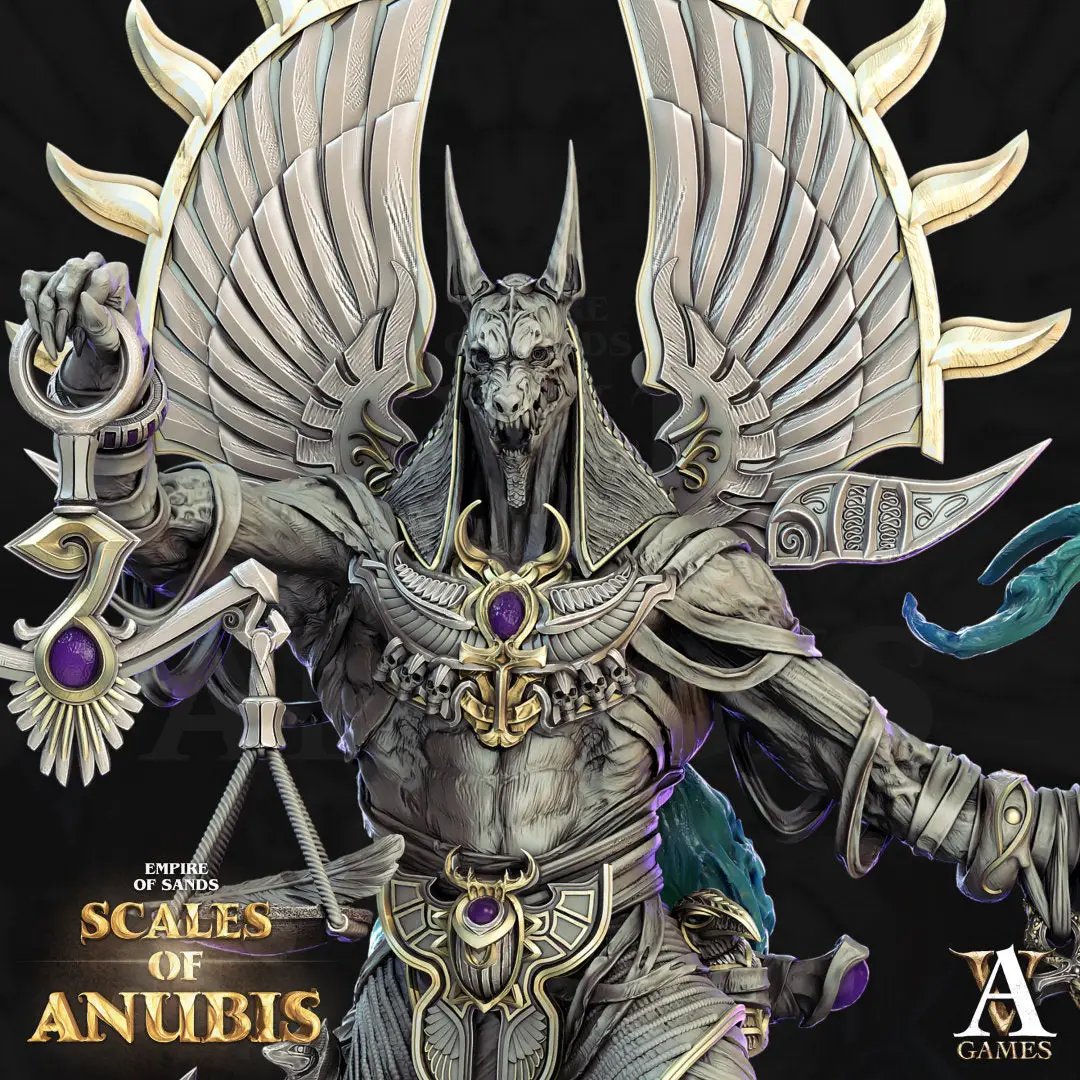 3D printed Anubis model by Last Hope Miniatures for Archvillain Games, featuring detailed Egyptian-style sculpture and intricate design.