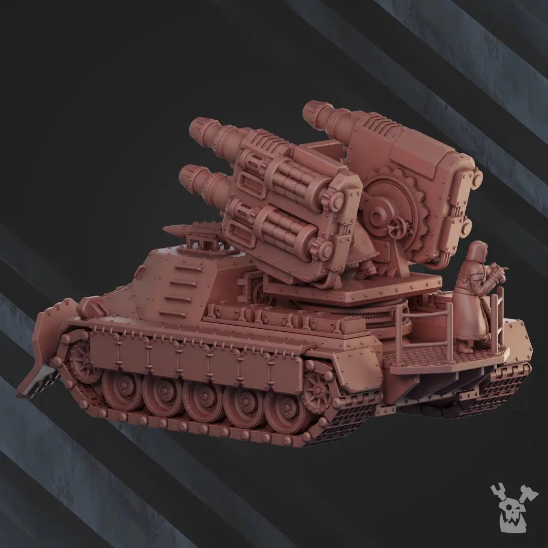 3D printed artillery tank model by DakkaDakka Miniatures, assembled with detailed armor and turret, from Last Hope Miniatures.