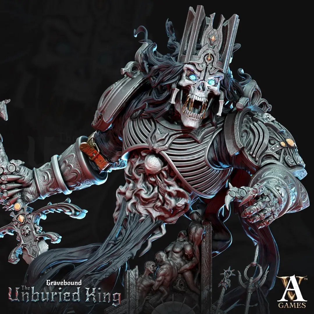 3D printed Atrum Rex model by Last Hope Miniatures for Archvillain Games, detailed miniature figure on a display stand.