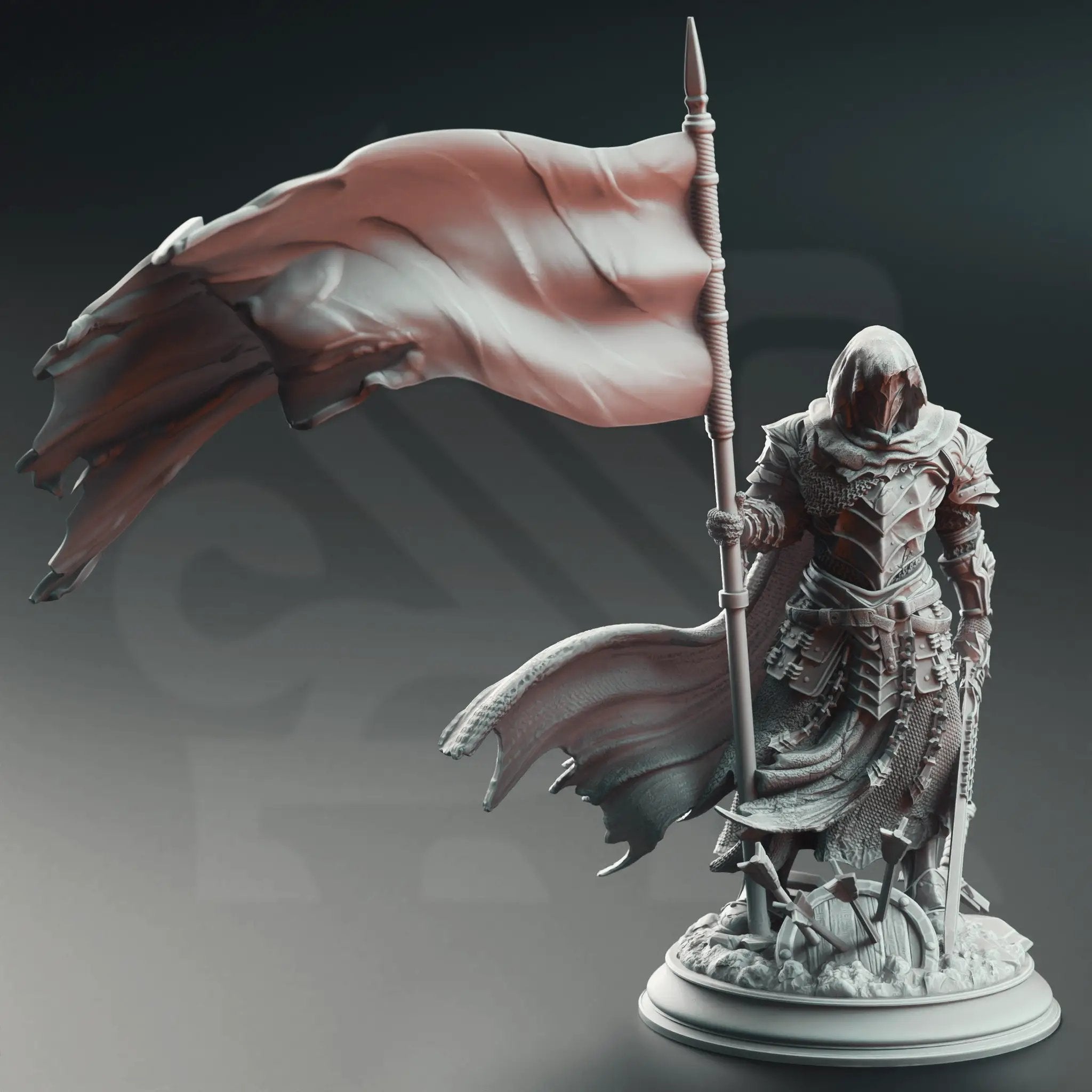 3D printed Knight banner model by Last Hope Miniatures, featuring detailed armor and a heraldic banner, from DM Stash collection.