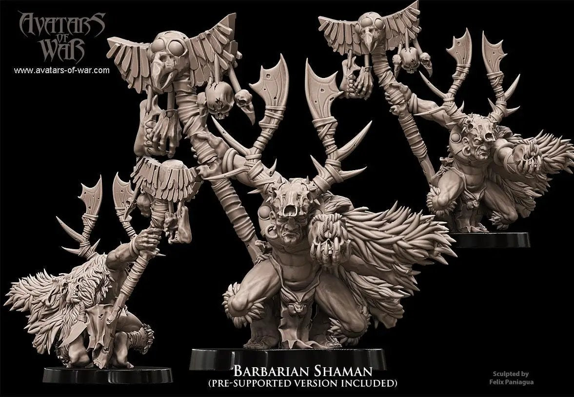 3D printed Barbarian Shaman model by Last Hope Miniatures from Avatars of War, featuring detailed tribal armor and staff.