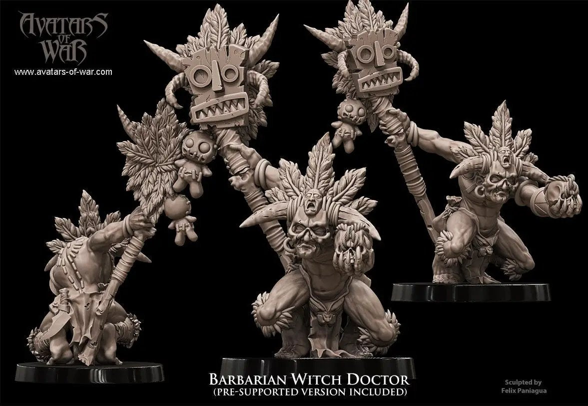 3D printed Barbarian Witch Doctor model by Last Hope Miniatures for Avatars of War, detailed figure with tribal accessories.