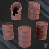 Set of five 3D printed barrels models by Last Hope Miniatures, designed for tabletop gaming and miniature displays.