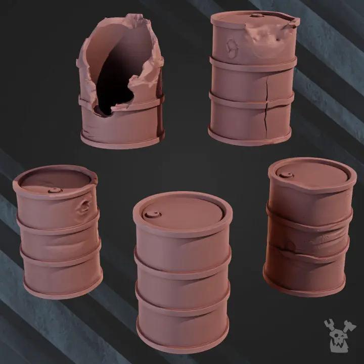 Set of five 3D printed barrels models by Last Hope Miniatures, designed for tabletop gaming and miniature displays.