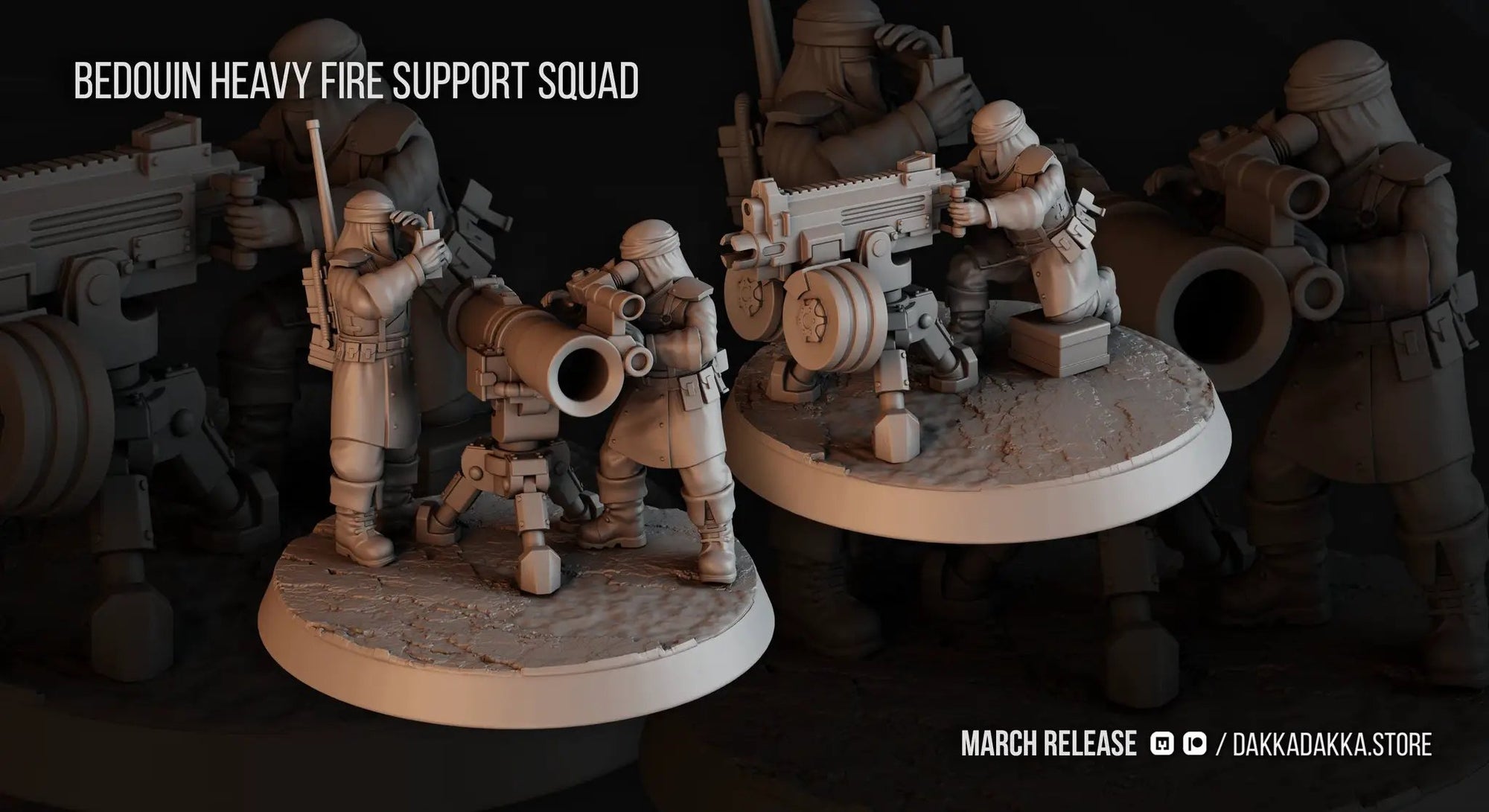 3D printed Bedouin Heavy Fire Squad model by Last Hope Miniatures for DakkaDakka Miniatures, featuring detailed figures in tactical gear.