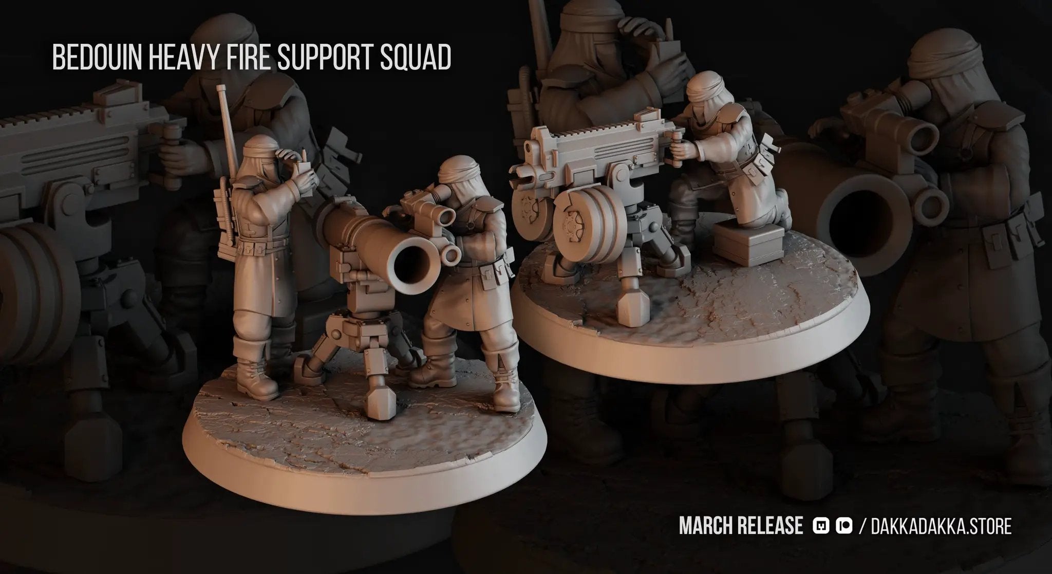 3D printed Bedouin Heavy Fire Squad model by Last Hope Miniatures for DakkaDakka Miniatures, featuring detailed figures in tactical gear.
