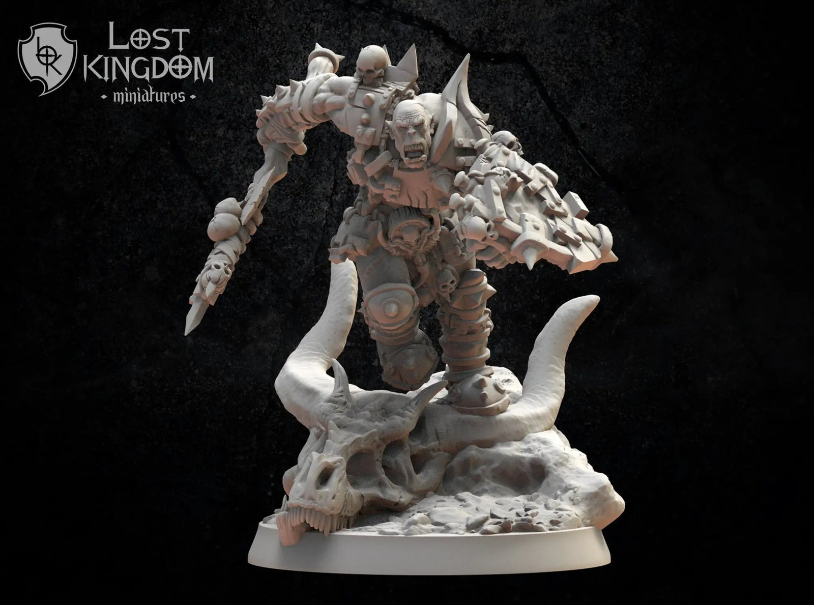 3D printed Berserker Orc model by Lost Kingdom Miniatures, detailed orc figure with fierce expression and intricate armor design.