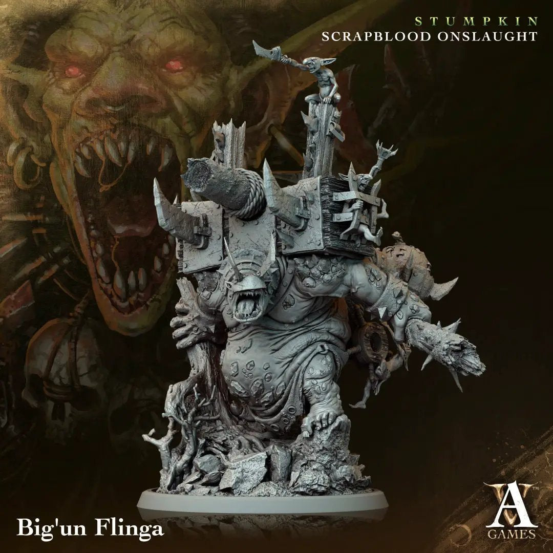 3D printed Big'Un Flinga model by Last Hope Miniatures, detailed figure from Archvillain Games for tabletop gaming.