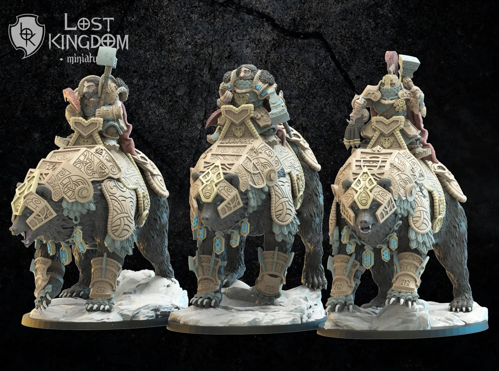Three 3D printed Bjorn Knights on Warbears models by Lost Kingdom Miniatures, detailed fantasy tabletop game miniatures.