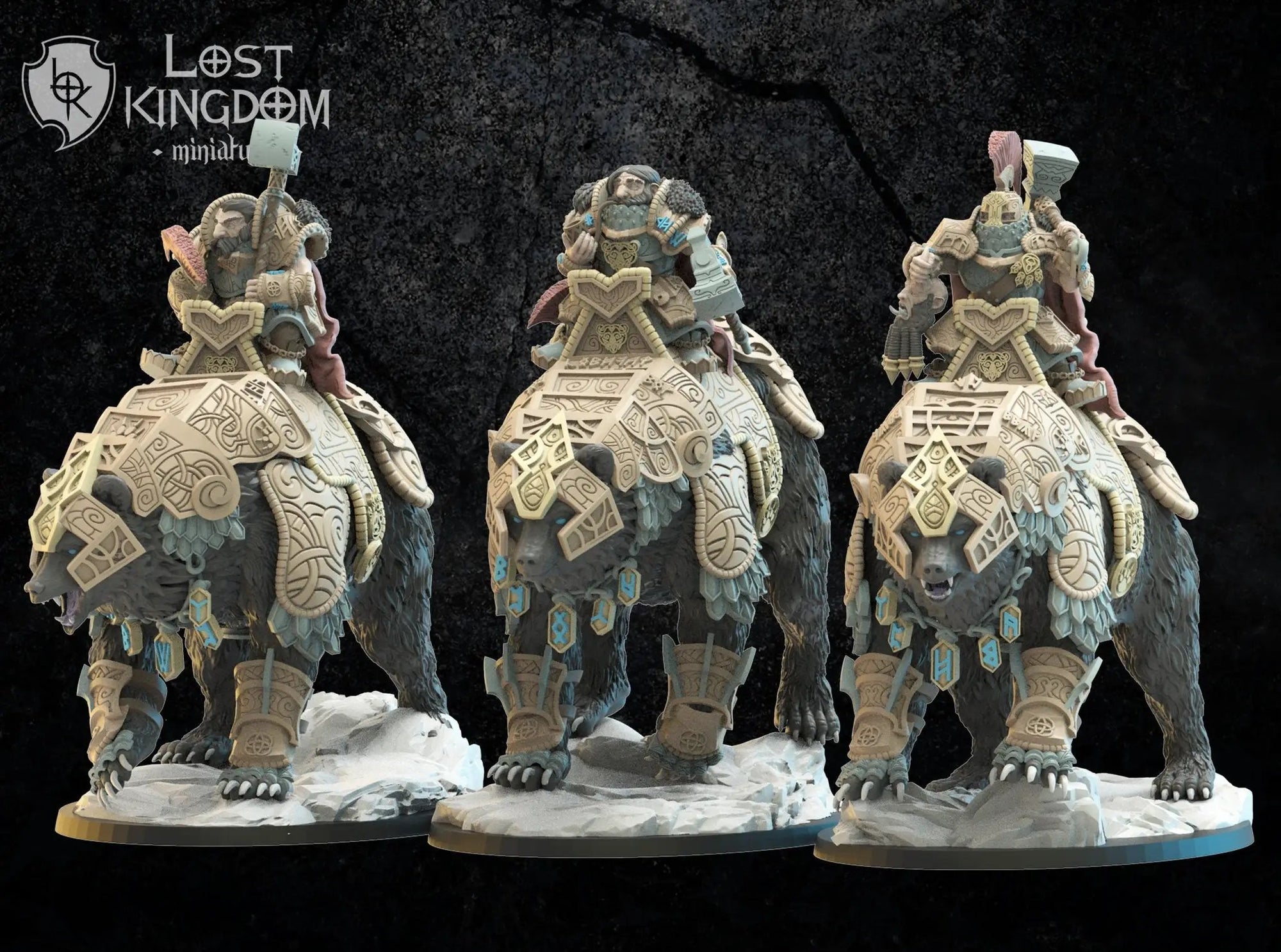 Three 3D printed Bjorn Knights on Warbears models by Lost Kingdom Miniatures, detailed fantasy tabletop game miniatures.