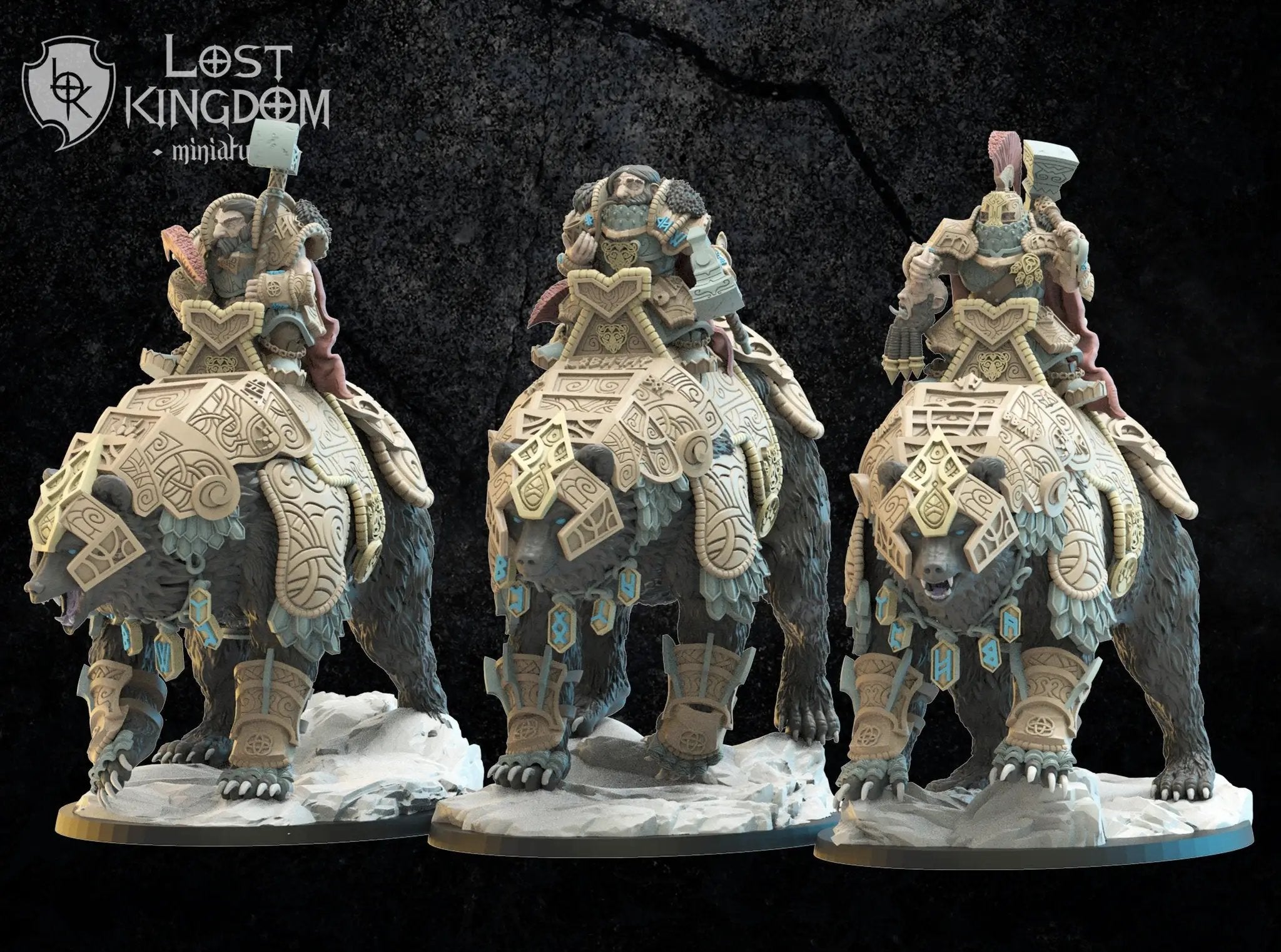 Three 3D printed Bjorn Knights on Warbears models by Lost Kingdom Miniatures, detailed fantasy tabletop game miniatures.