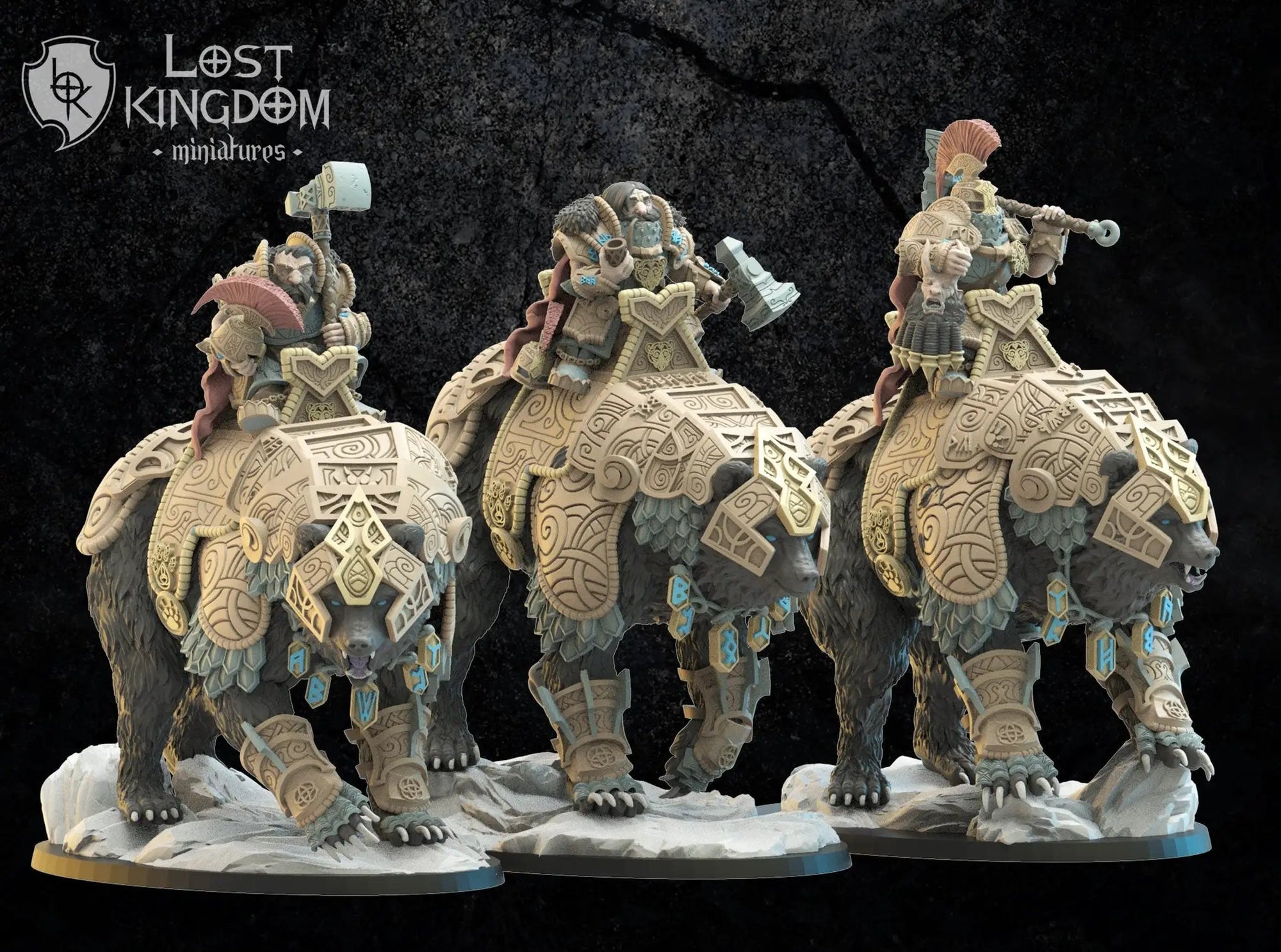 Three 3D printed Bjorn Knights on Warbears model by Last Hope Miniatures, detailed fantasy miniature figures.