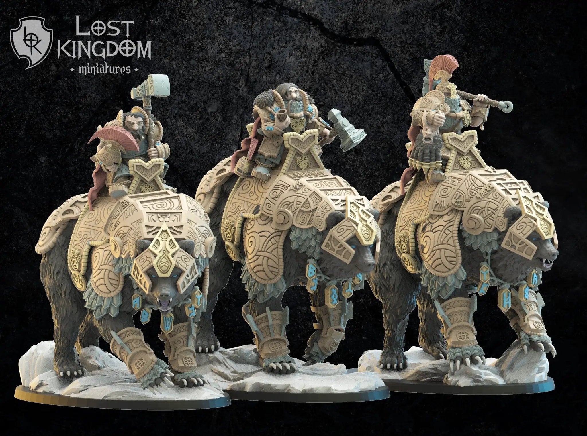 Three 3D printed Bjorn Knights riding warbears models by Lost Kingdom Miniatures, detailed fantasy tabletop gaming miniatures.