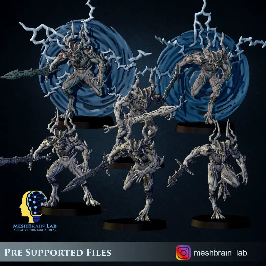 Six 3D printed Bloodthirsty Daemons models by Last Hope Miniatures for tabletop gaming, detailed with fierce, monstrous features.