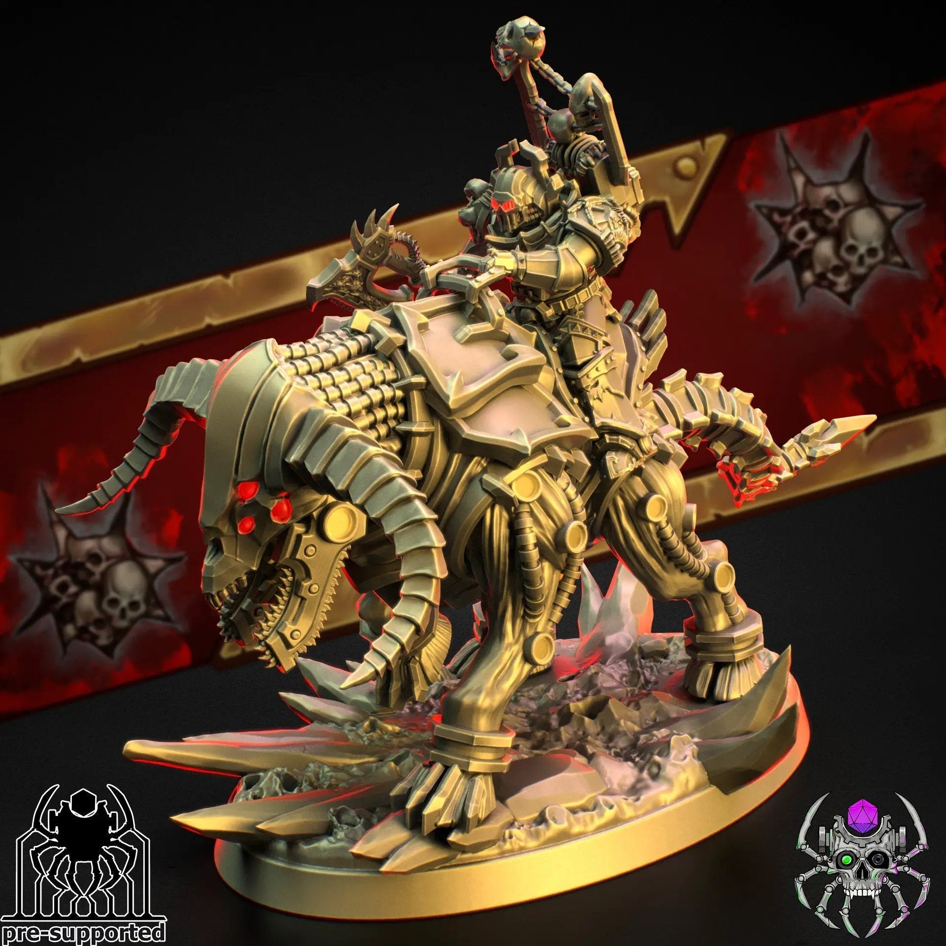 3D printed Bloody Skulls Hell Rider model by Last Hope Miniatures, featuring detailed skulls and rider on a dark base.