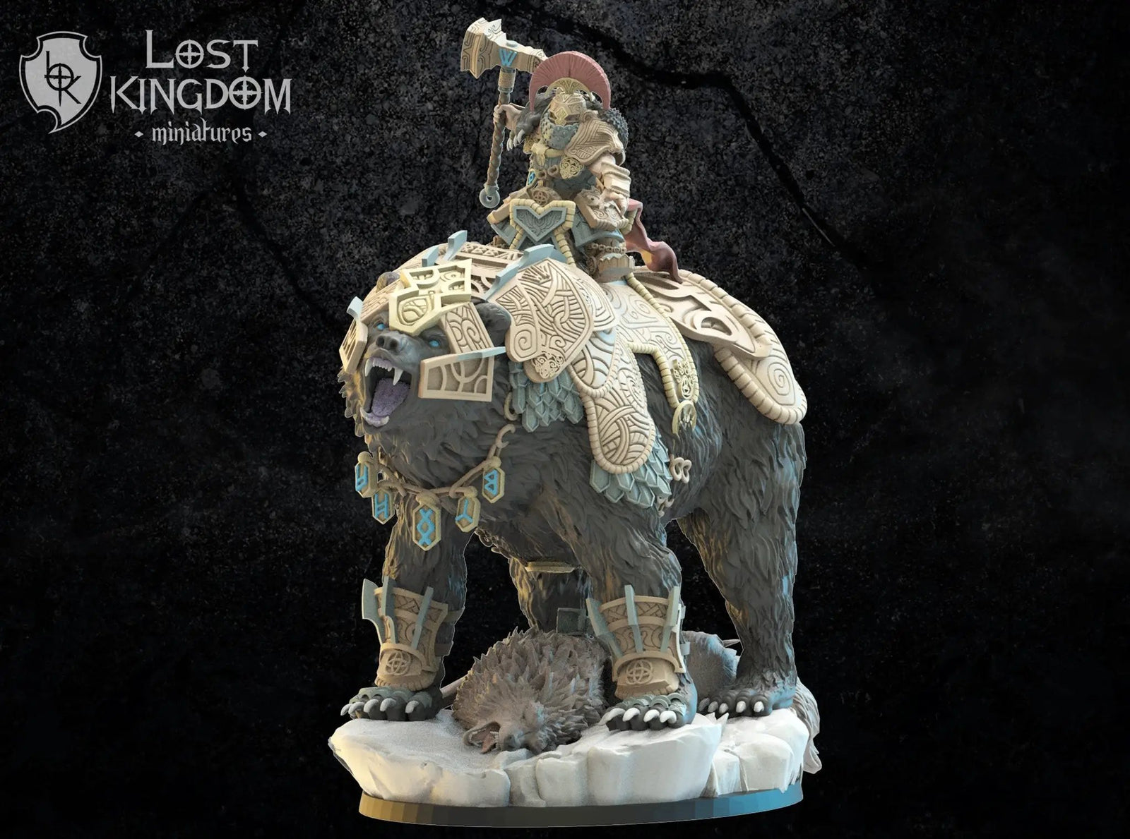 3D printed model of Bjorn Commander on Warbear by Lost Kingdom Miniatures, featuring detailed miniature figure from Last Hope Miniatures.