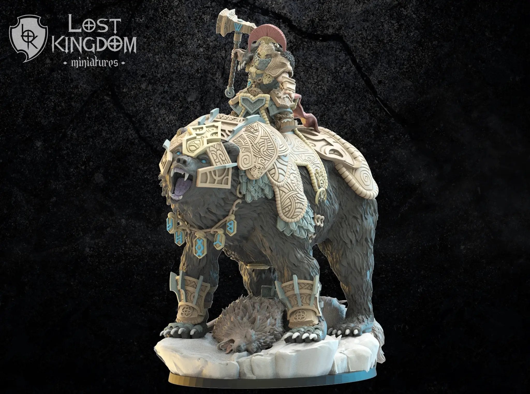 3D printed model of Bjorn Commander on Warbear by Lost Kingdom Miniatures, featuring detailed miniature figure from Last Hope Miniatures.