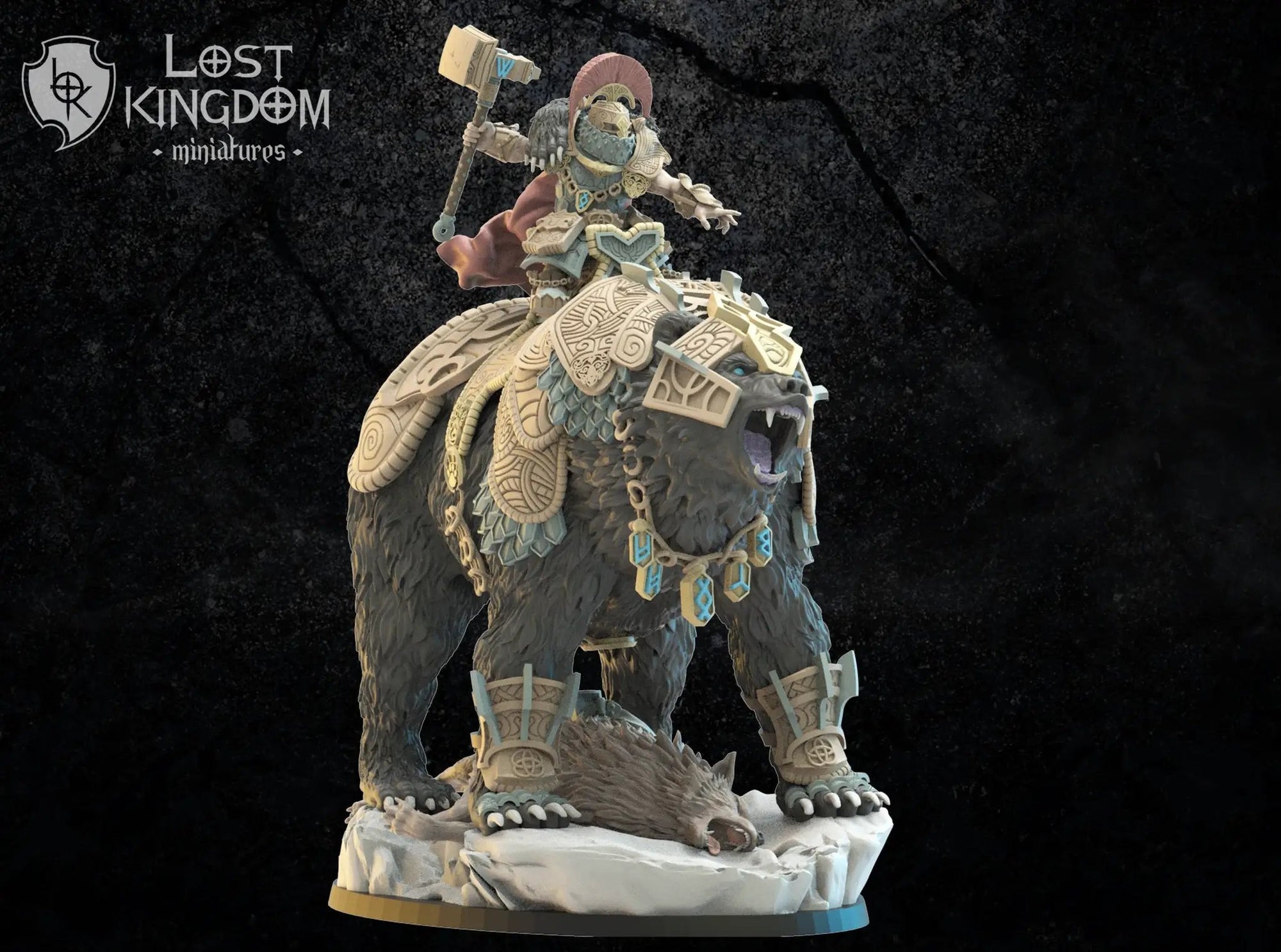 3D printed Bjorn Commander on Warbear model by Last Hope Miniatures, detailed miniature figure from Lost Kingdom Miniatures.