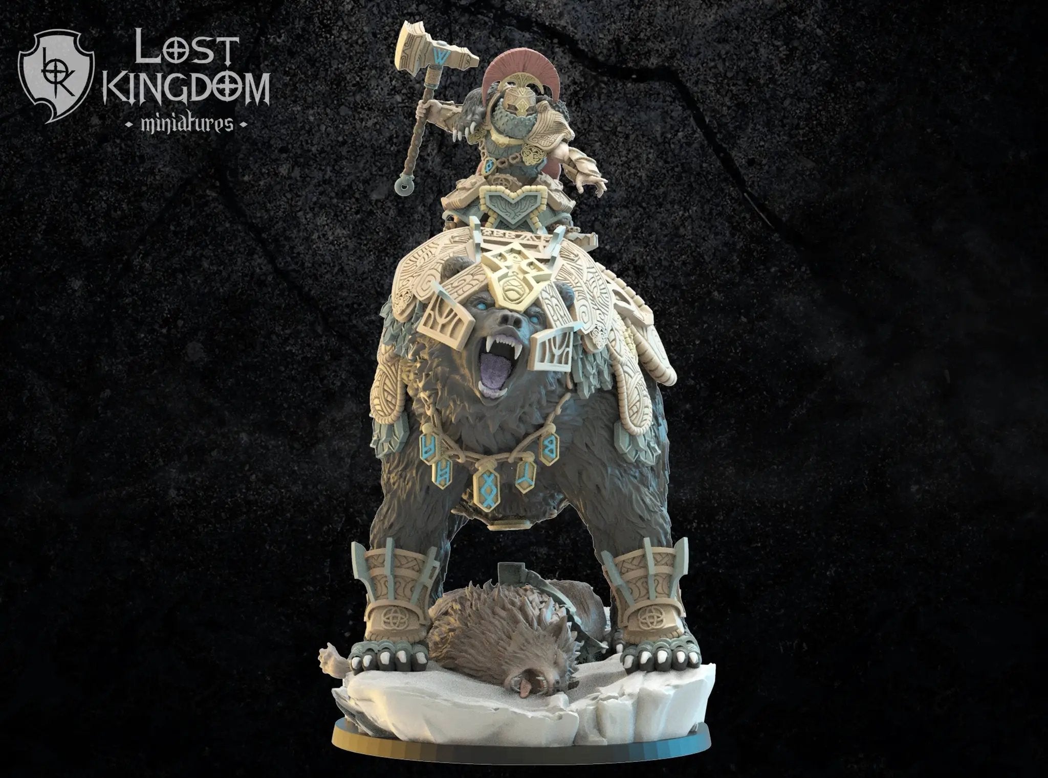 3D printed model of Bjorn Commander on Warbear by Lost Kingdom Miniatures, featuring detailed armor and dynamic pose.