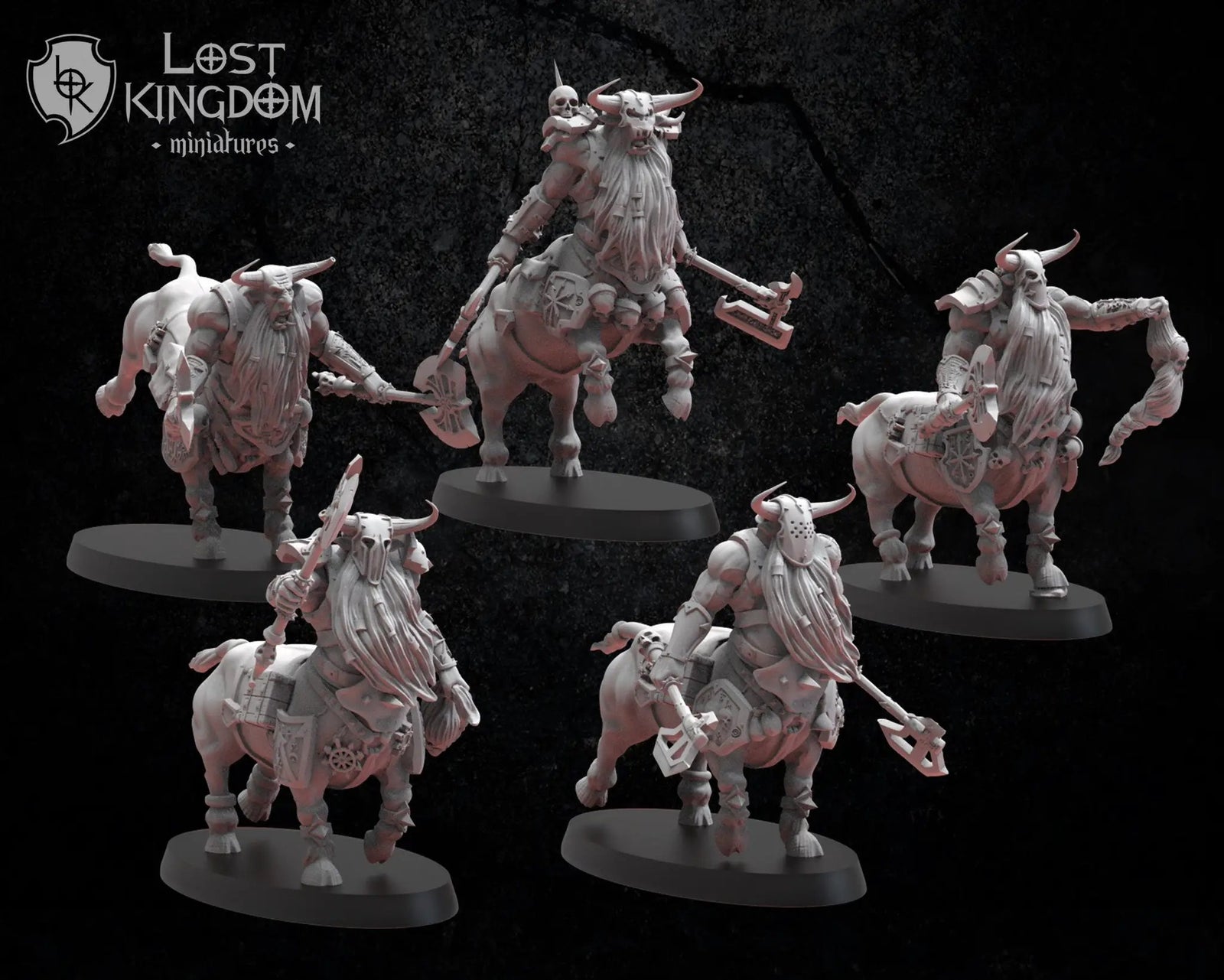 Three 3D printed Bul-Thaurs models by Lost Kingdom Miniatures, detailed fantasy creature figures for tabletop gaming.
