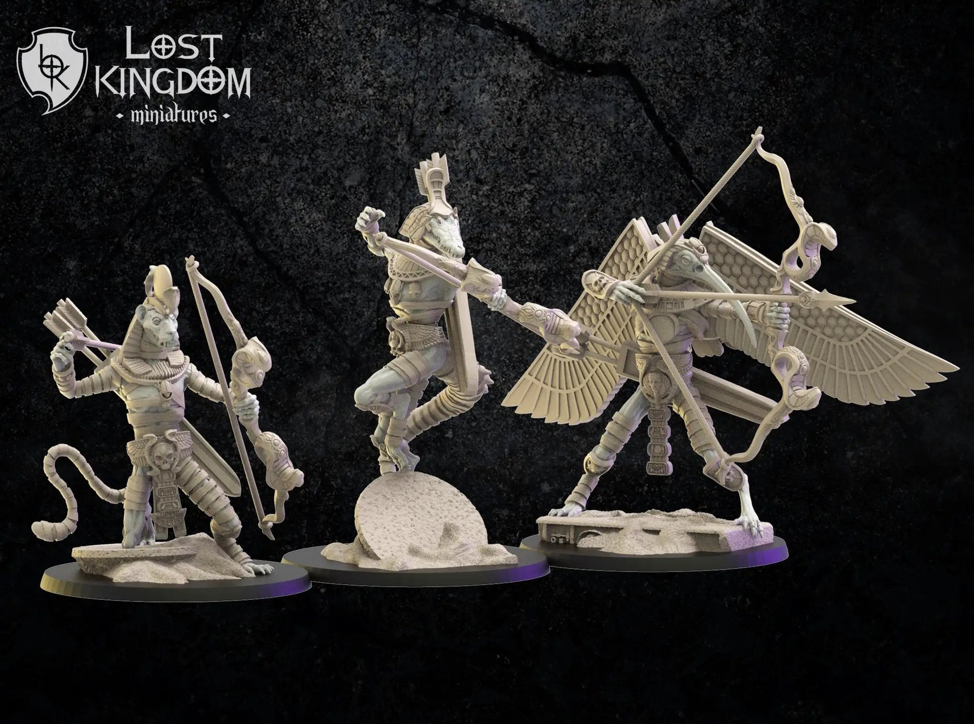3D printed Canoptek Guard with bows model by Lost Kingdom Miniatures, featuring detailed robotic figures with weaponry.