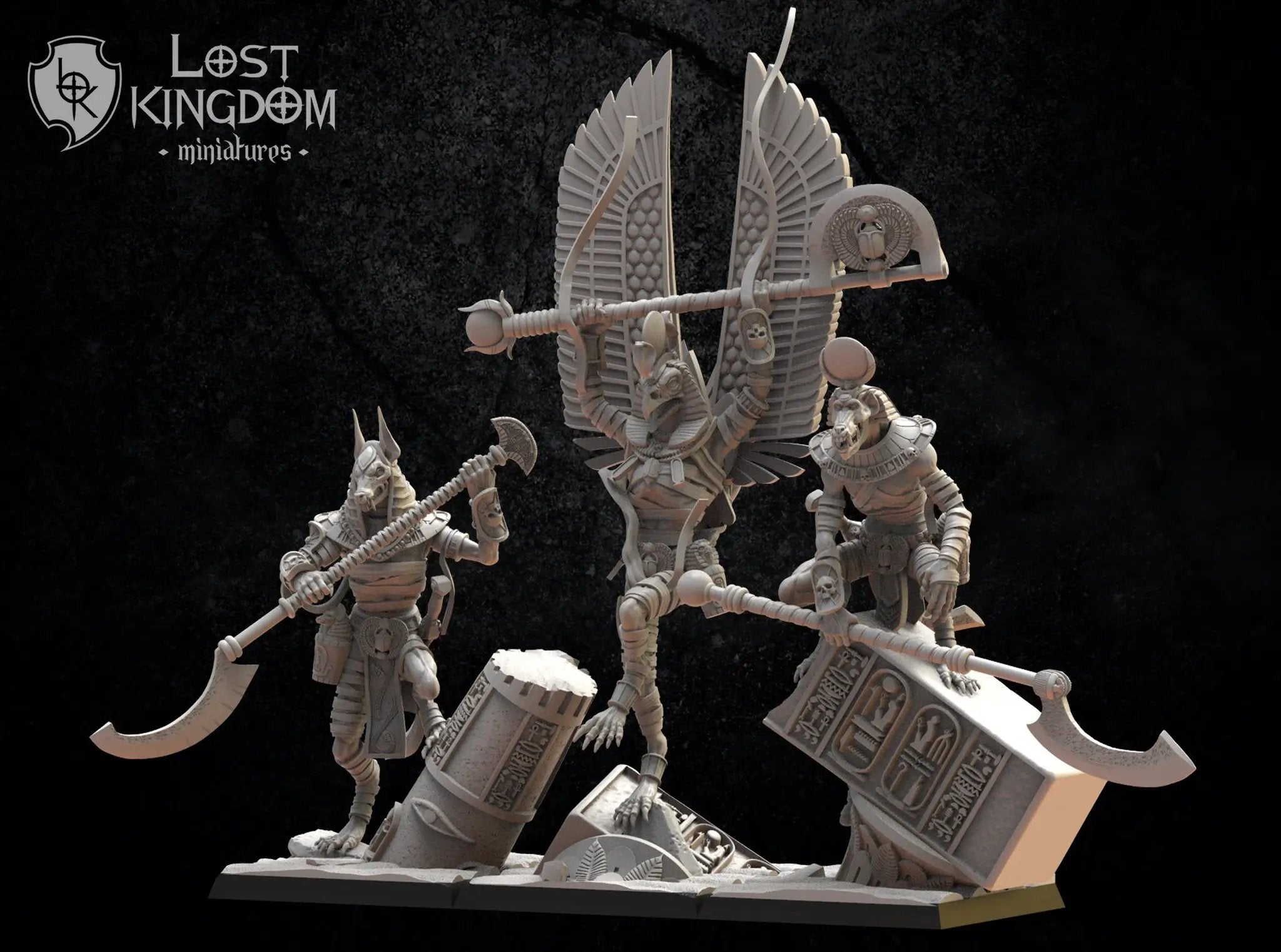 Three 3D printed Canoptek Guard models by Lost Kingdom Miniatures, detailed sci-fi warrior figures on a neutral background.