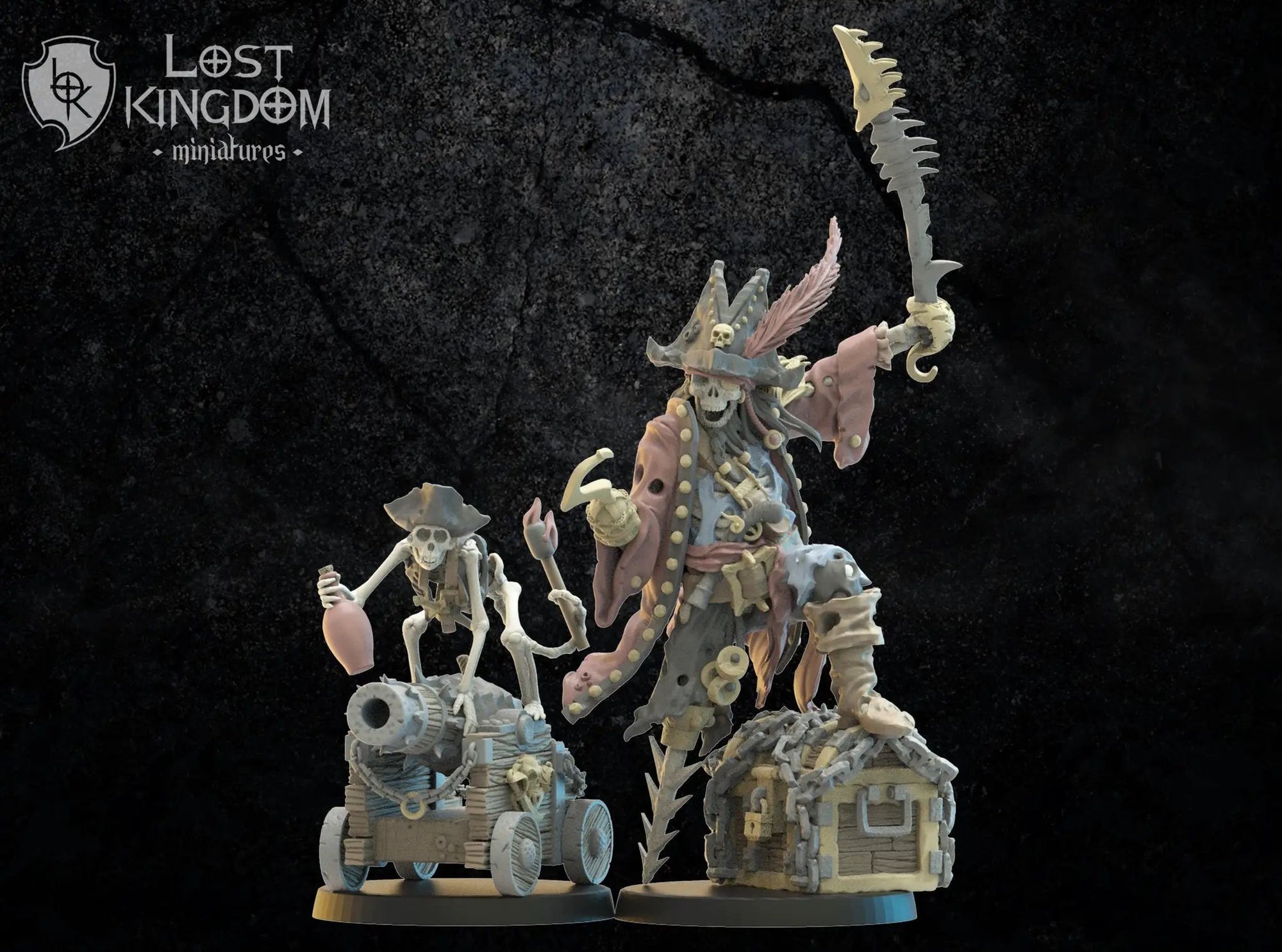 3D printed Captain Sawleg and Mr. Boom model by Lost Kingdom Miniatures, showcasing detailed fantasy figures from Last Hope Miniatures.