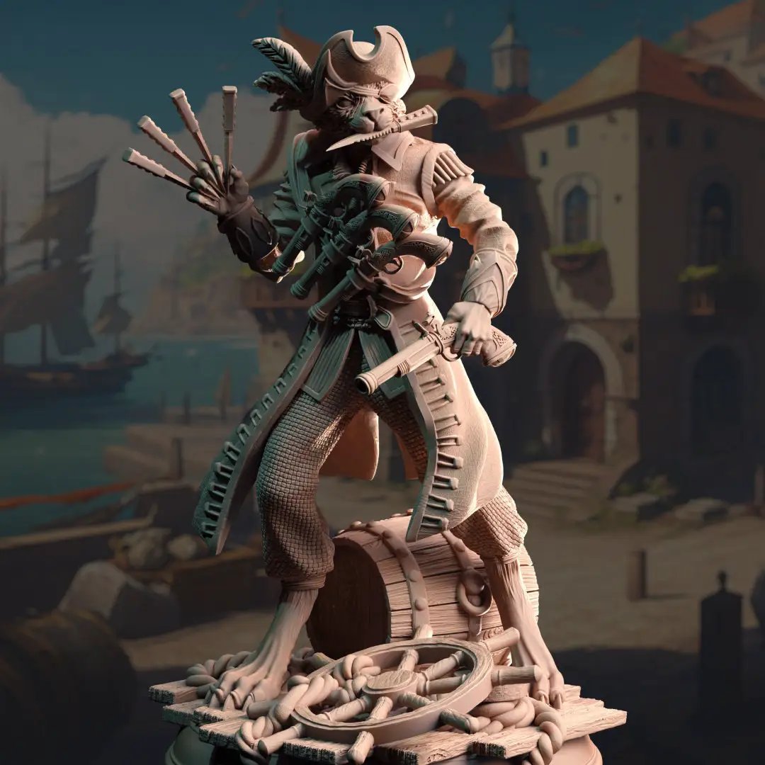 3D printed Catfolk Corsair model by Last Hope Miniatures, detailed fantasy figurine with pirate attire and feline features.