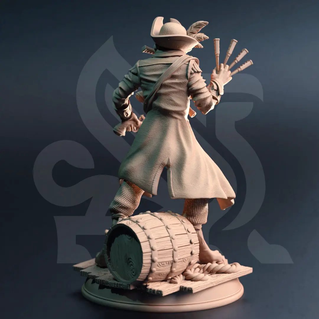 3D printed Catfolk Corsair model by Last Hope Miniatures, detailed fantasy figure with pirate-themed attire and accessories.