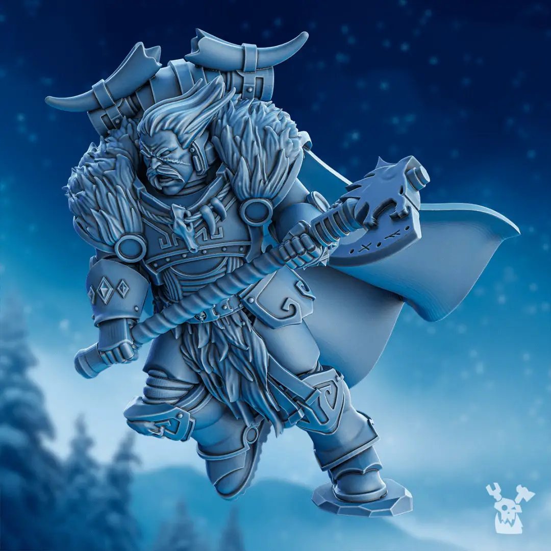 3D printed Chacol'ad Storm Axe model by DakkaDakka Miniatures, detailed miniature with a fierce weapon design, by Last Hope Miniatures
