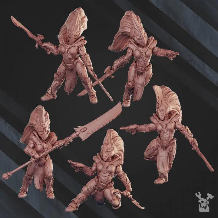 3D printed Comet Screamers Squad of five models by Last Hope Miniatures for tabletop gaming, detailed sci-fi miniatures.