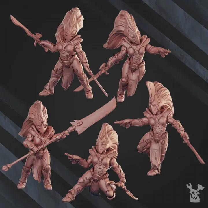 3D printed Comet Screamers Squad model by DakkaDakka Miniatures, produced by Last Hope Miniatures, featuring five detailed sci-fi figures.