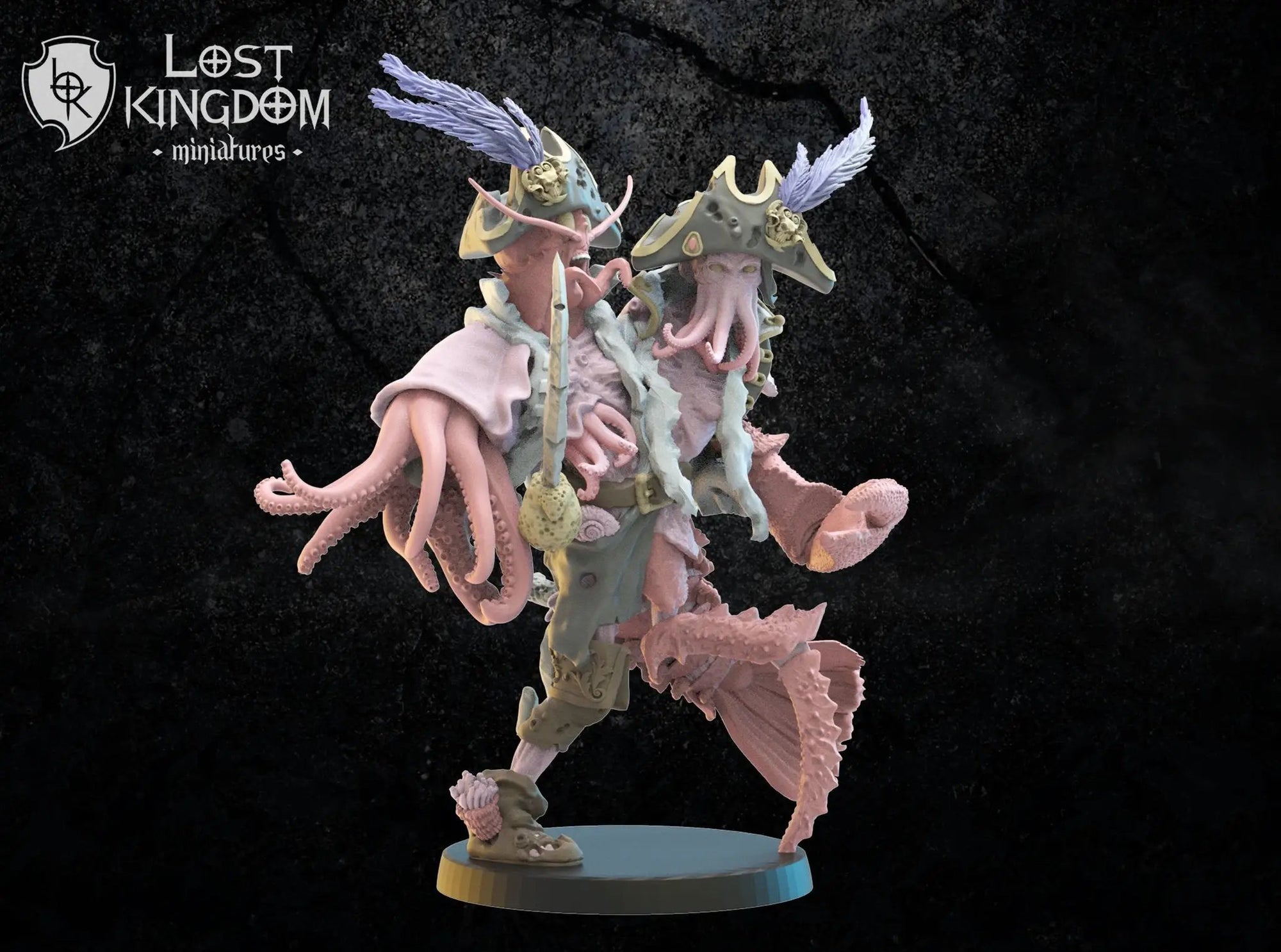 3D printed conjoined twin captains model by Lost Kingdom Miniatures, detailed miniature figure for tabletop gaming or display.