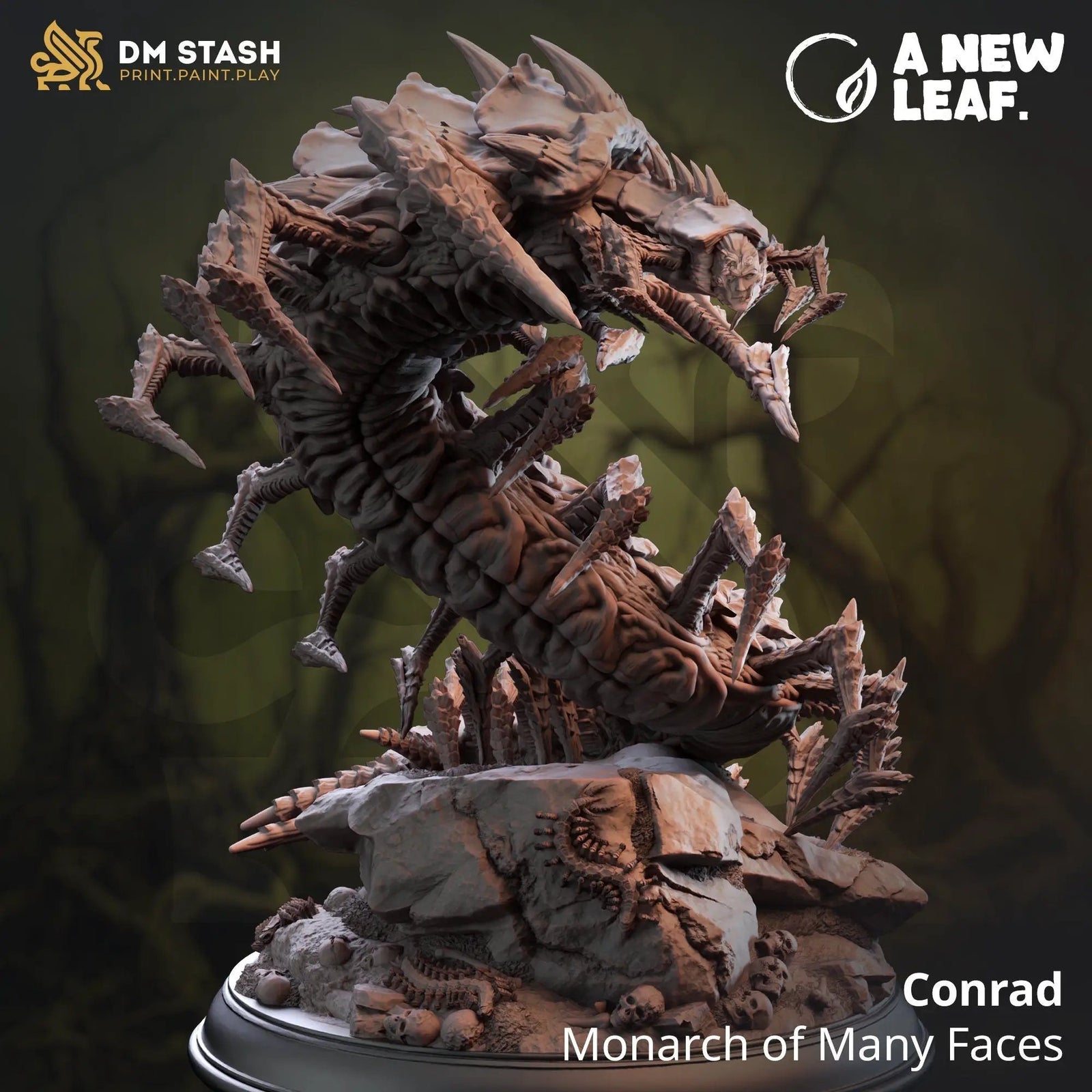 3D printed model of Conrad: Monarch of Many Faces by DM Stash, displayed on a stand with detailed sculpting, by Last Hope Miniatures.