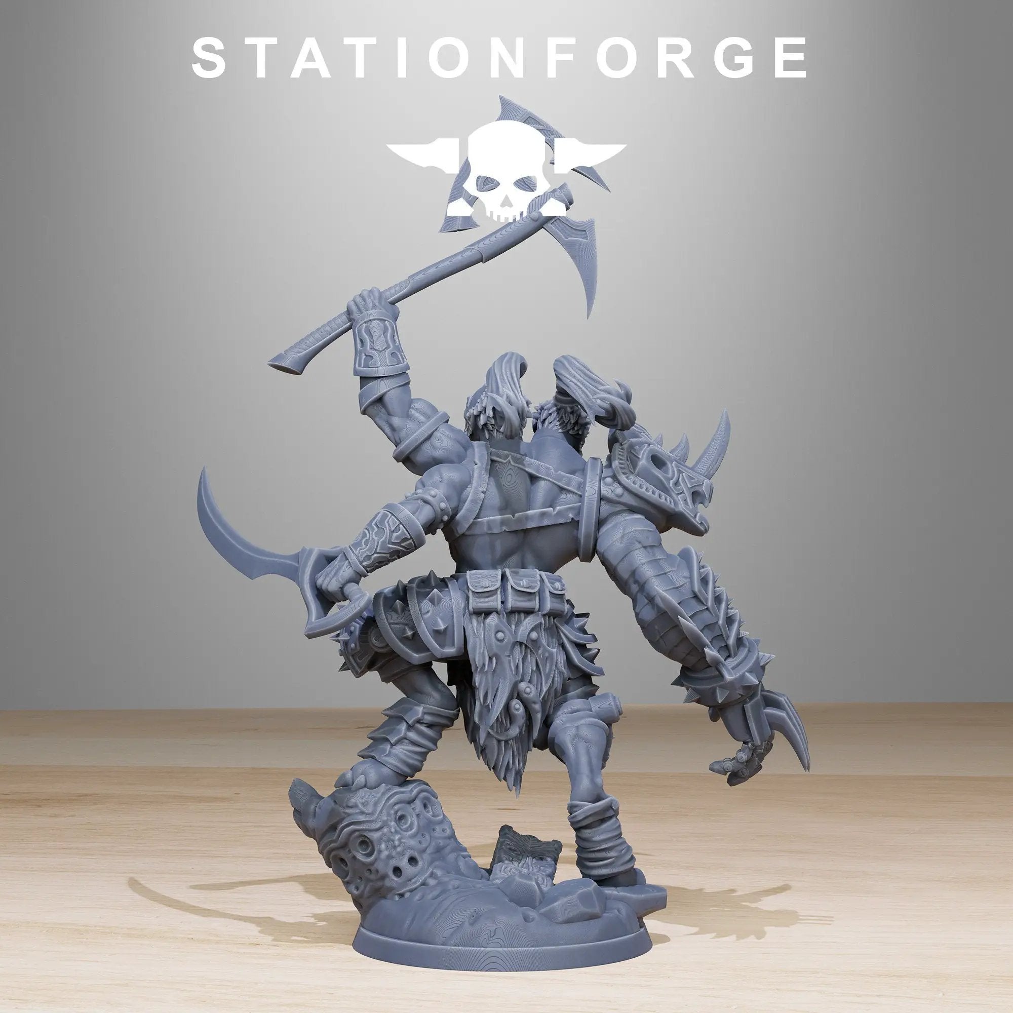3D printed Corrupted Gladiator model by StationForge Miniatures, detailed miniature figure with damaged armor and menacing stance.