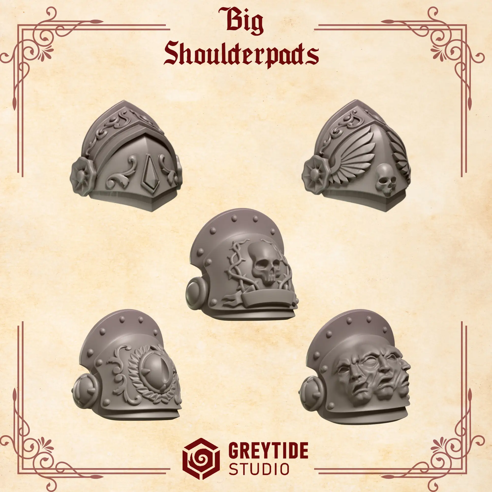 3D printed crimson Lords big shoulder pads model by Greytide Studio, designed for tabletop miniatures, shown in image.